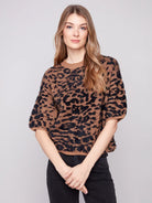 Elbow Sleeve Balloon Shape Jacquard Leopard Sweater