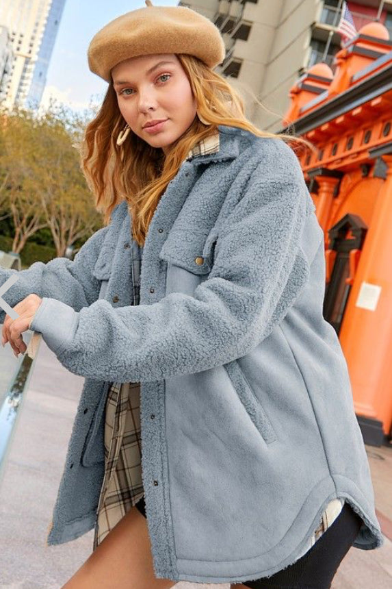 Button Down Jacket with Faux Suede Fabric and Pockets- cloud