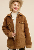Button Down Jacket with Faux Suede Fabric and Pockets- cognac