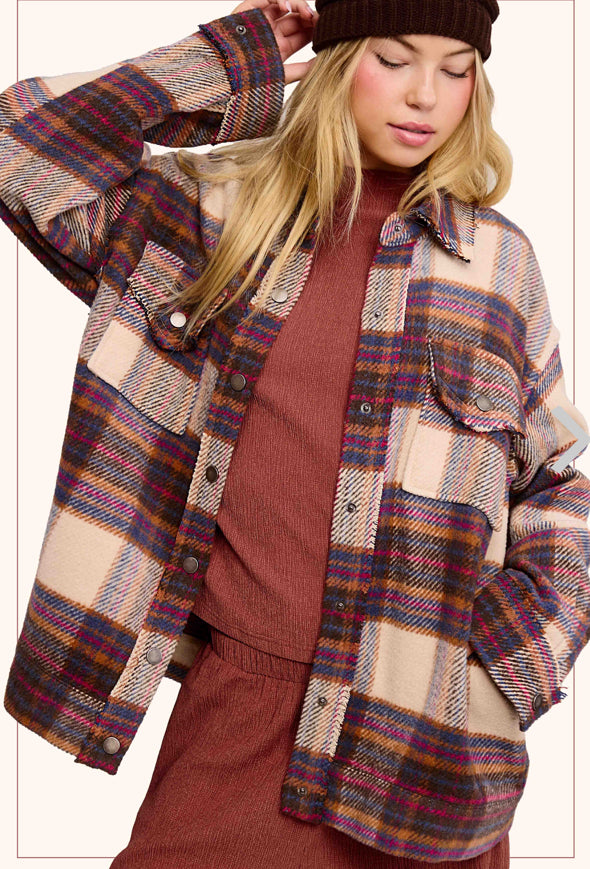 Loose Fit Snap Button Plaid Jacket with Pockets-cocoa