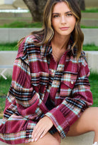 Loose Fit Snap Button Plaid Jacket with Pockets-plum