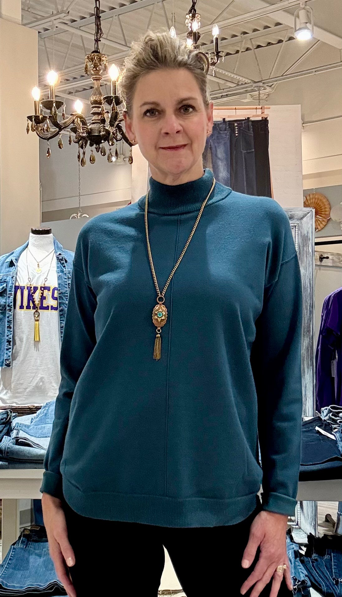 Mock Neck Long Sleeve Pullover with Stitch Detail- Atlantic deep