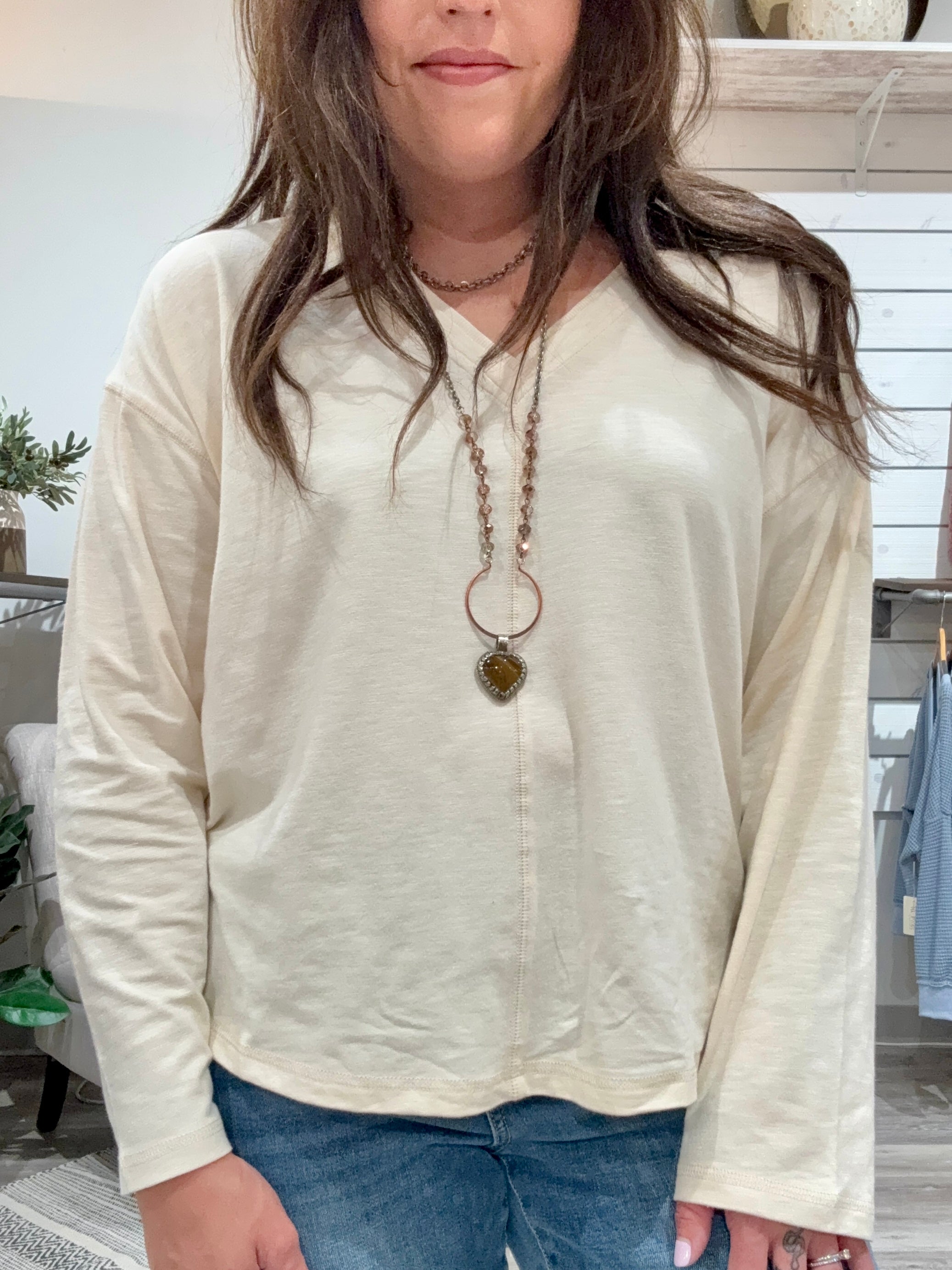 Long Sleeve V Neck Top with Flatlock- Moon Stone