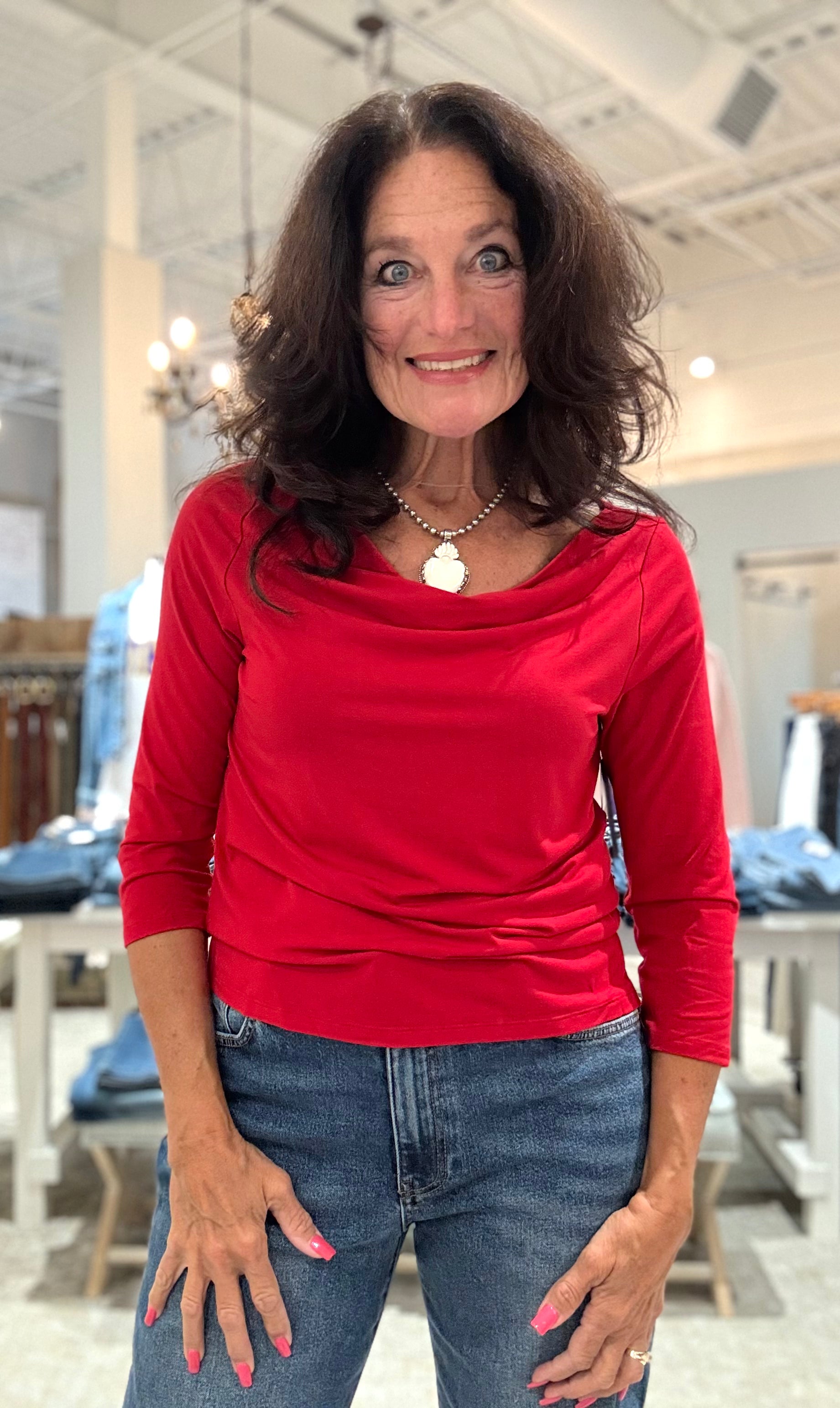 3/4 Sleeve Draped Neck Knit Top