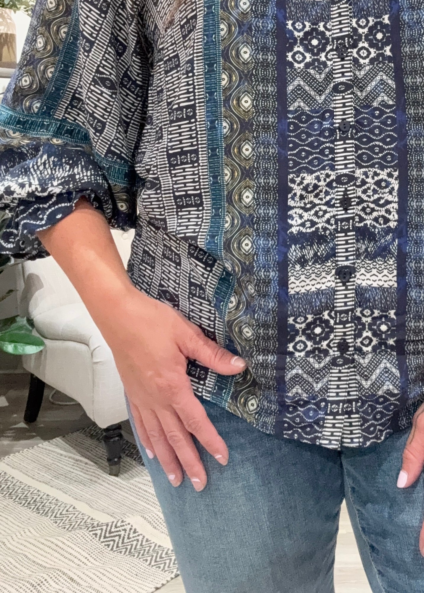 3/4 sleeve button front woven blouse- detail