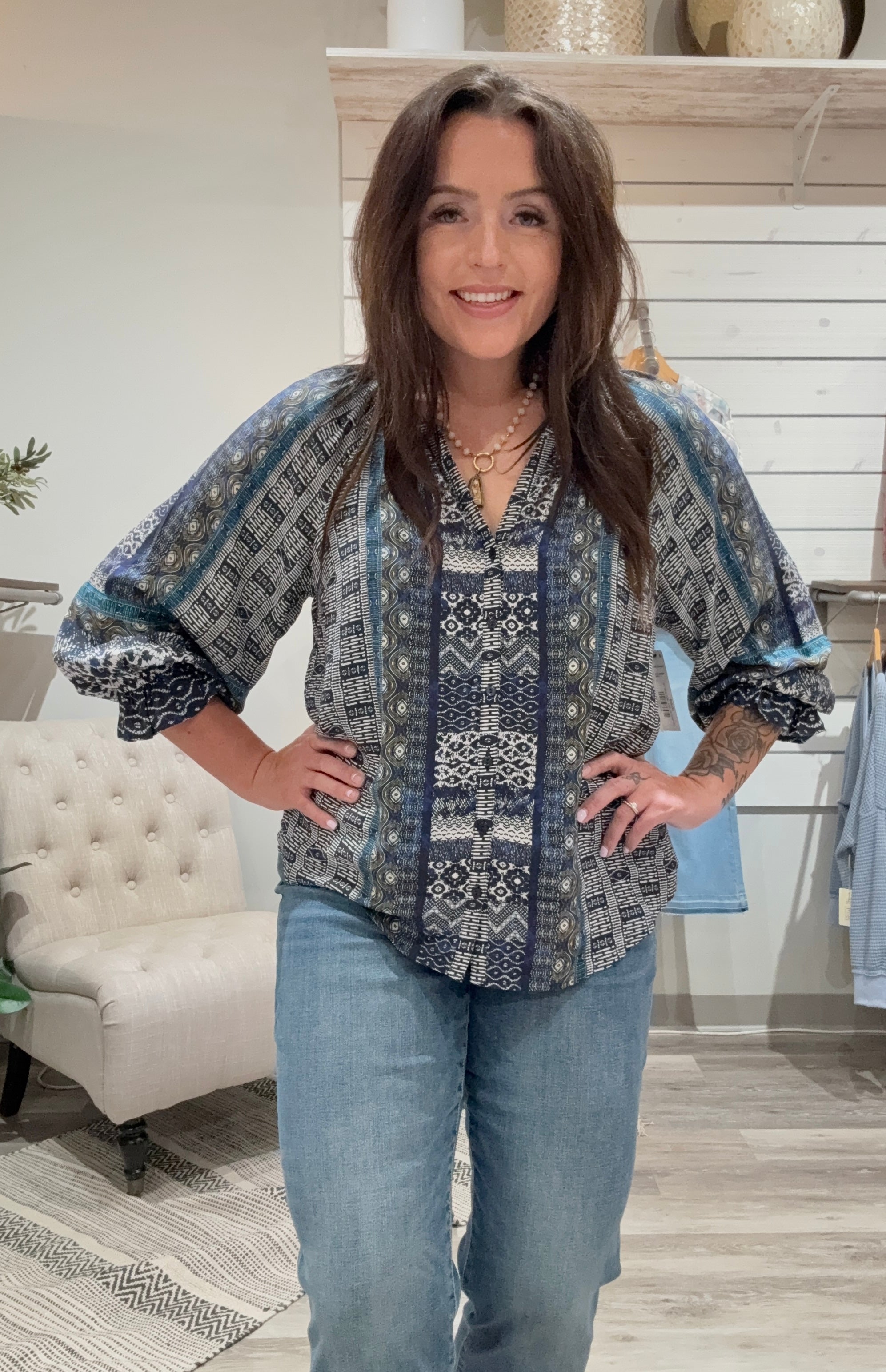 3/4 sleeve button front woven blouse