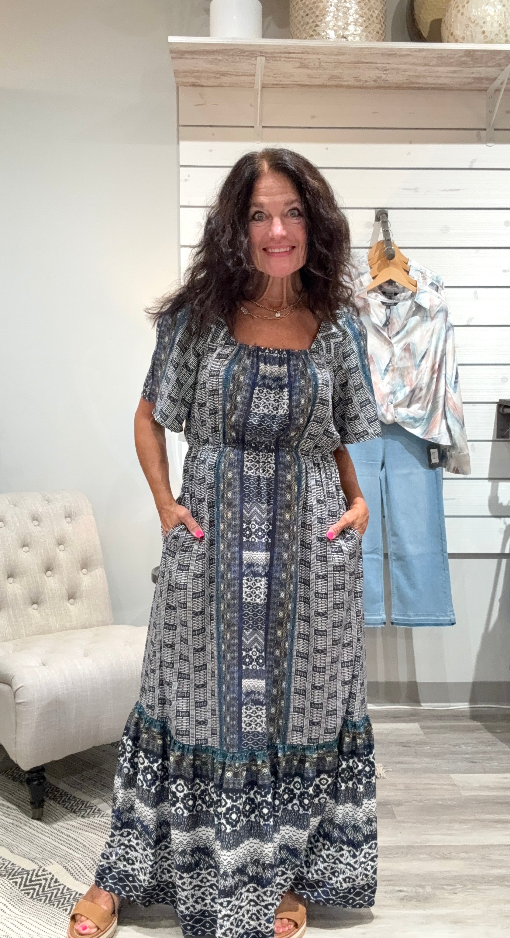 elbow sleeve maxi dress Mackenzie Elbow Sleeve TIered Maxi in Tiles Medallion