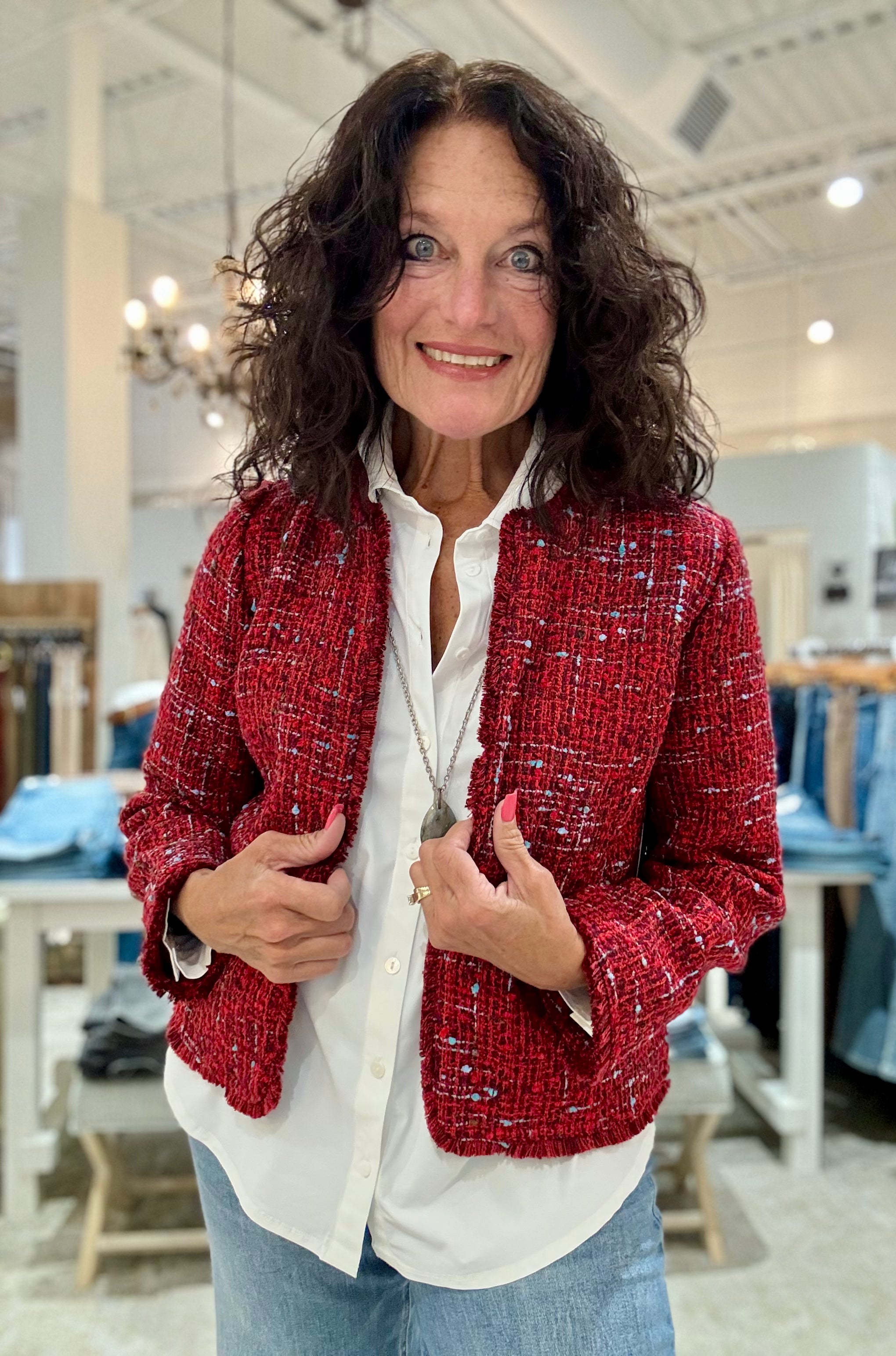 Collarless Jacket with Frayed Edges