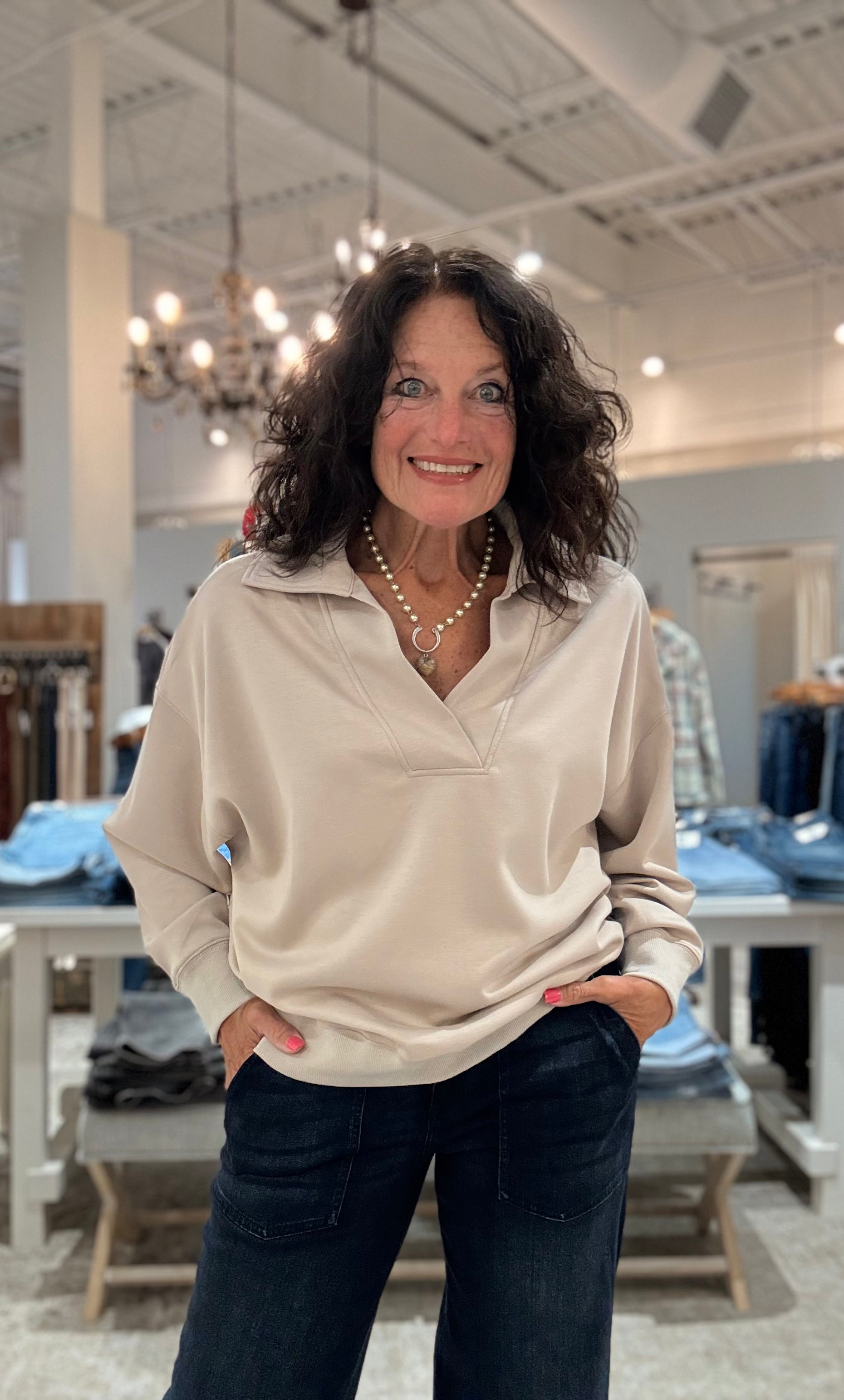 Luxeknit Chic Ease Collared Pullover- stone