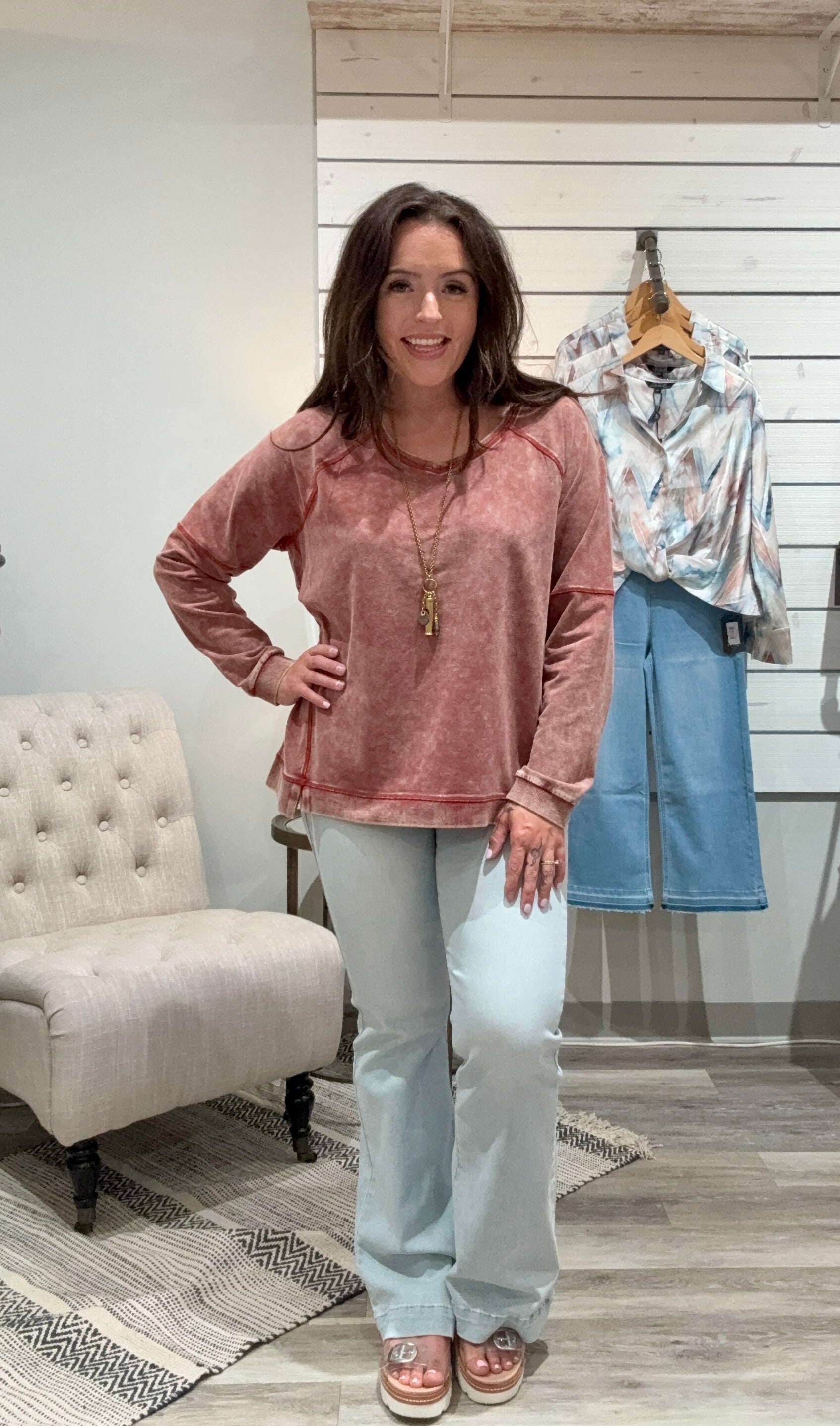 Cold Dye French Terry V-Neck Raglan Sleeves Top