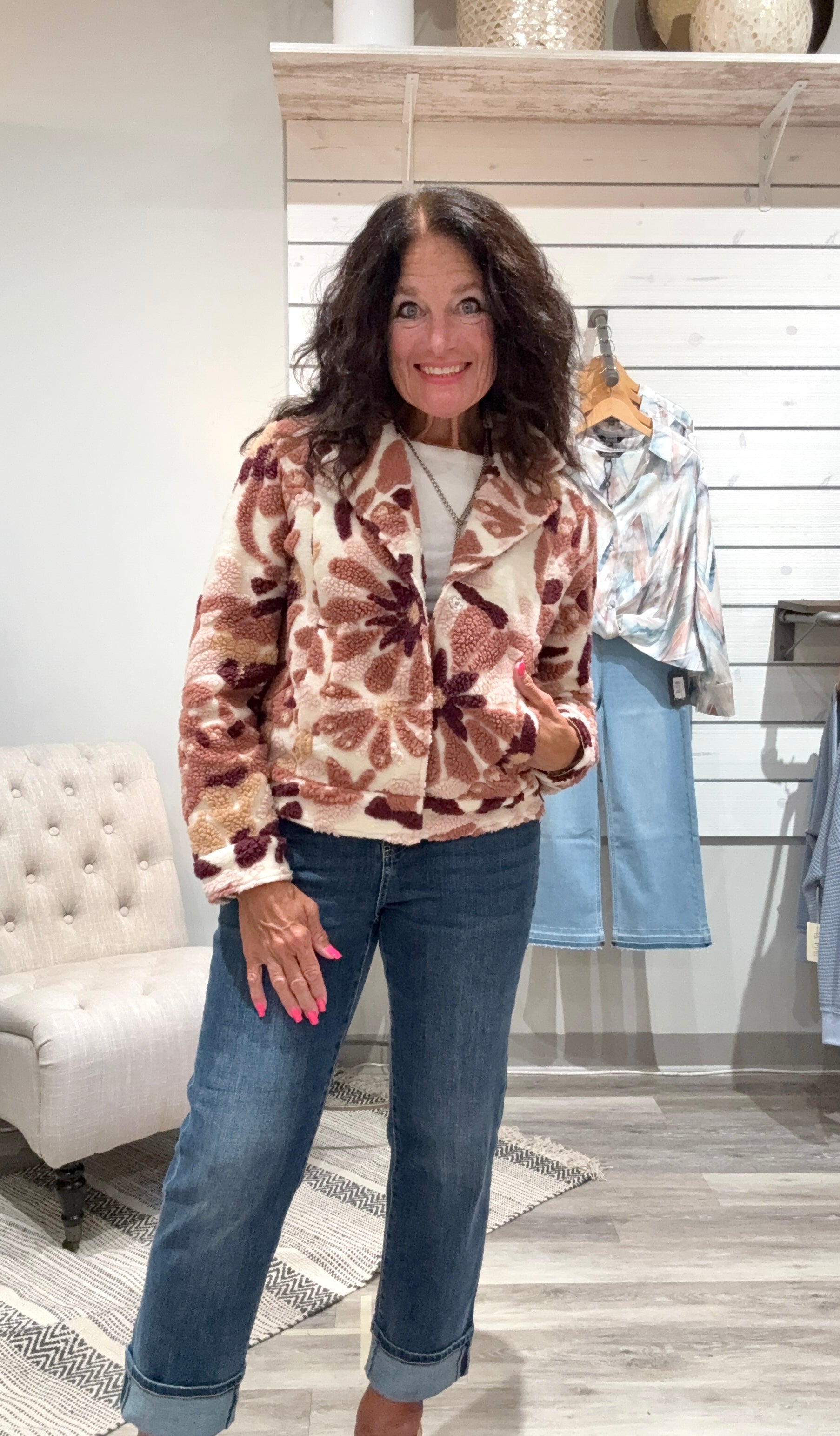 Sherpa Flocked Fleece Short Jacket with Hidden Snaps and Welt Pockets