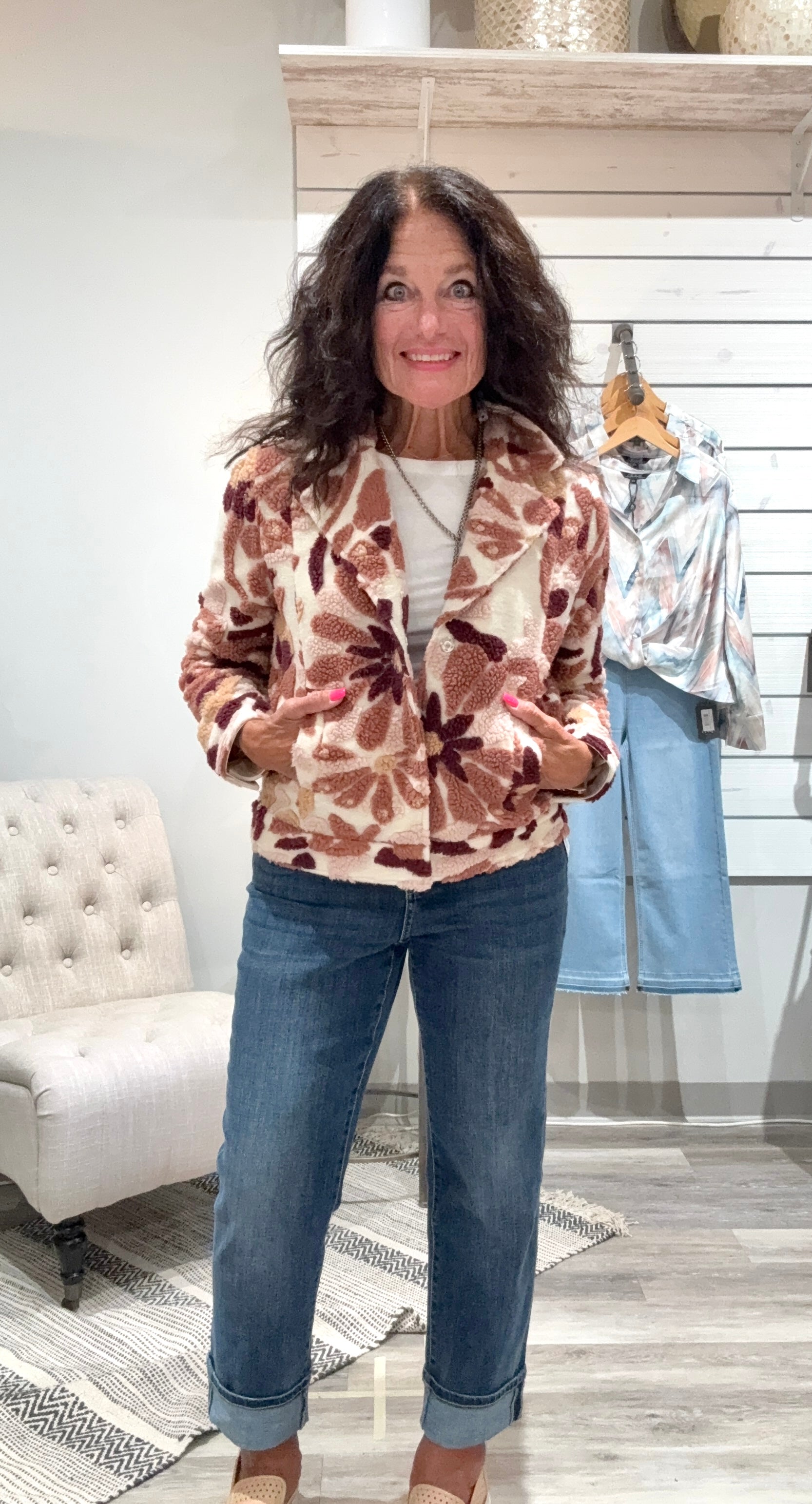 Sherpa Flocked Fleece Short Jacket with Hidden Snaps and Welt Pockets