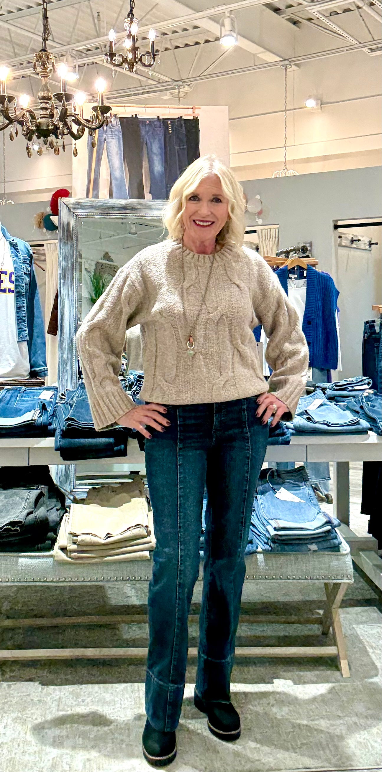 Crew Neck Loose Fit Cable Sweater- latte