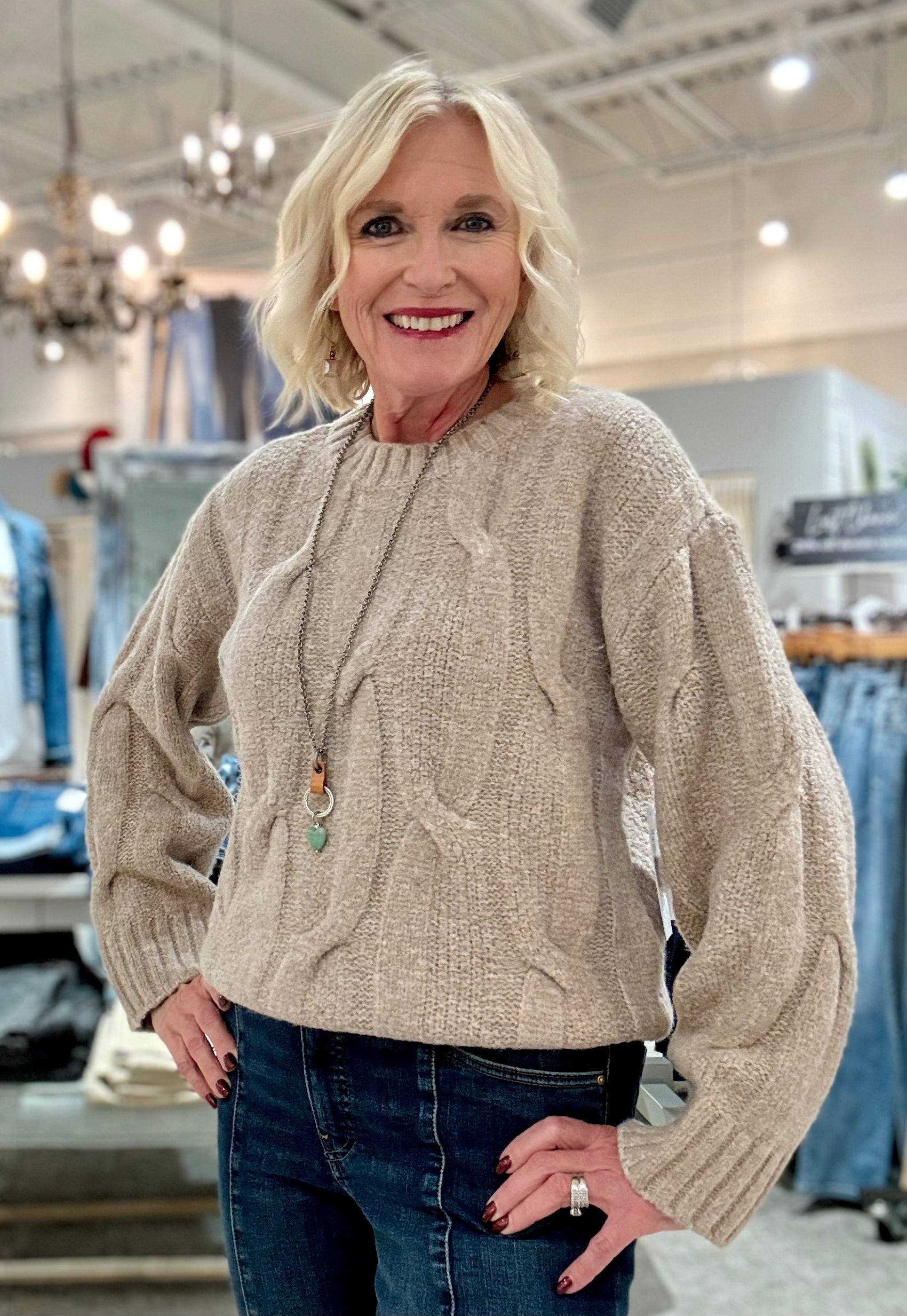 Crew Neck Loose Fit Cable Sweater- latte