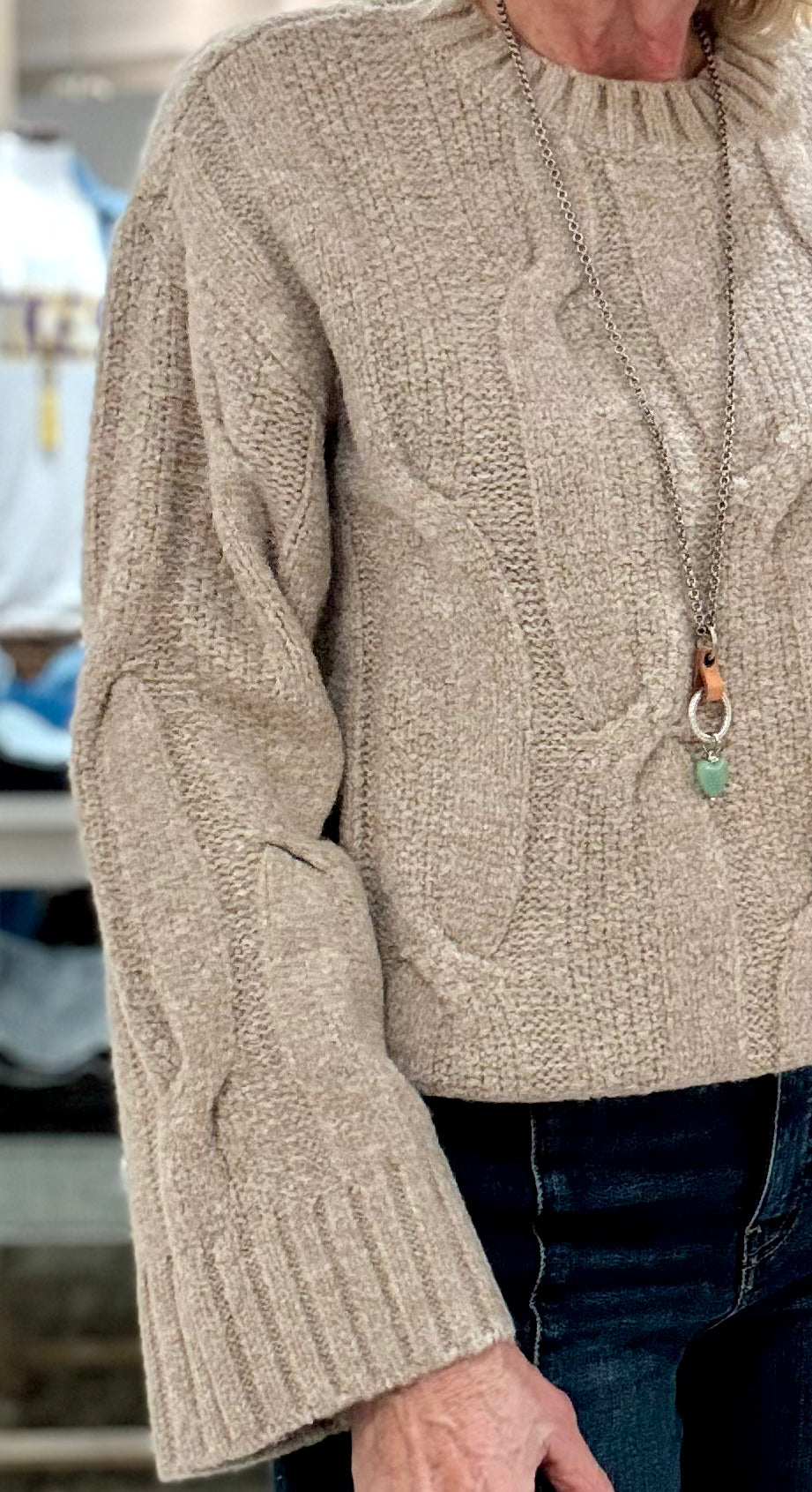 Crew Neck Loose Fit Cable Sweater- latte