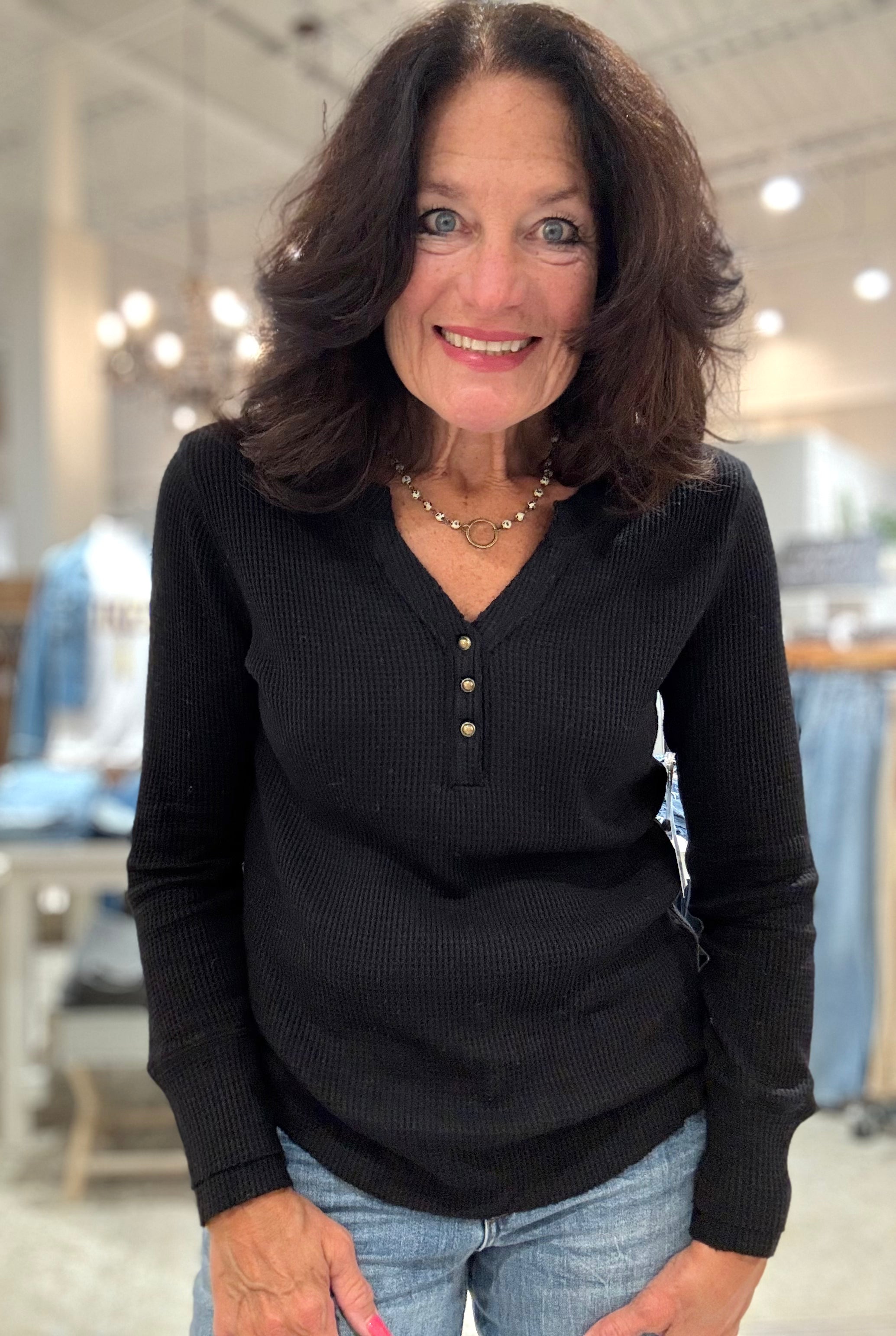 Long Sleeve Henley Top with Buttons- black