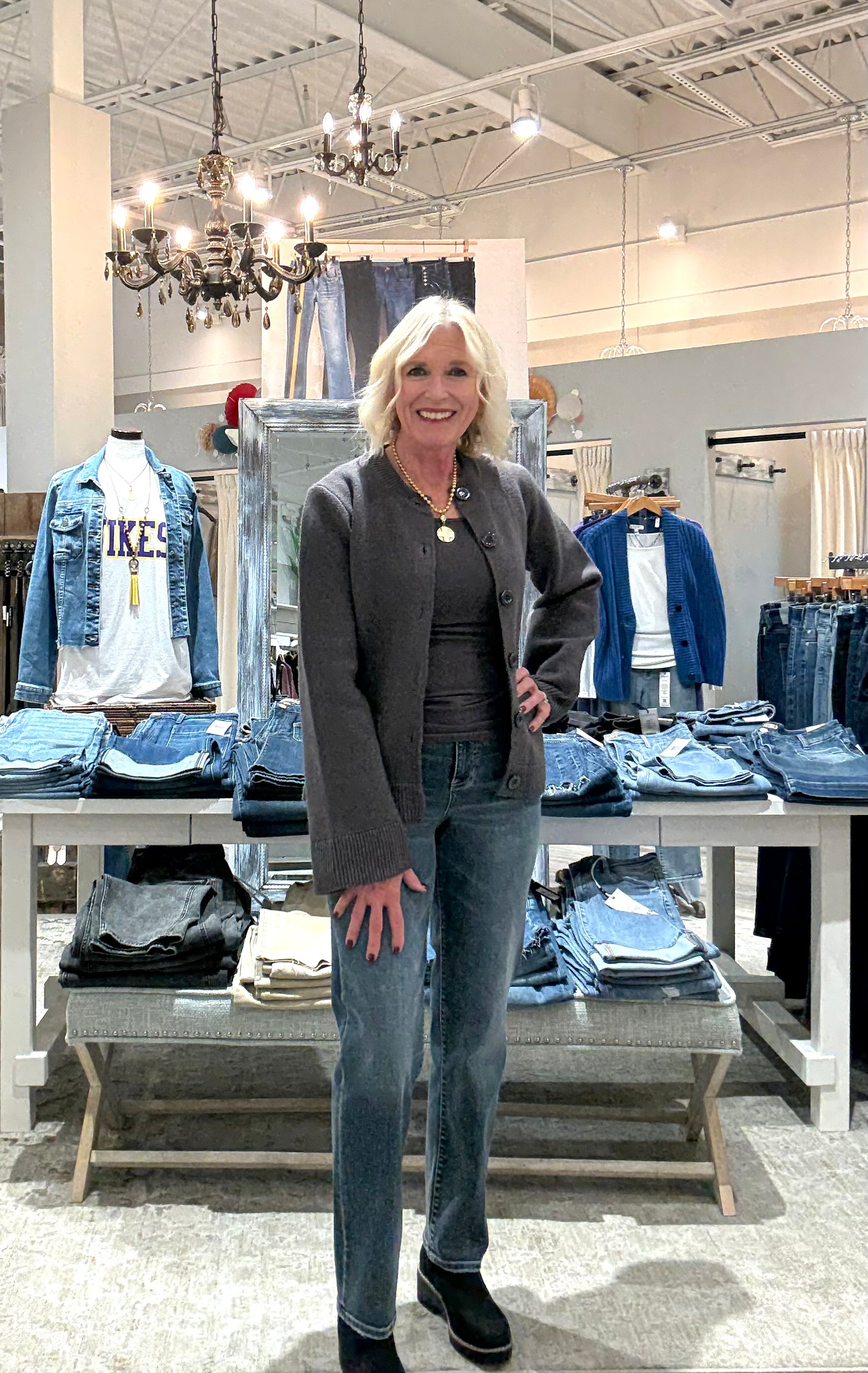 Button Up Crew Neck Sweater with Bell Sleeve- grey