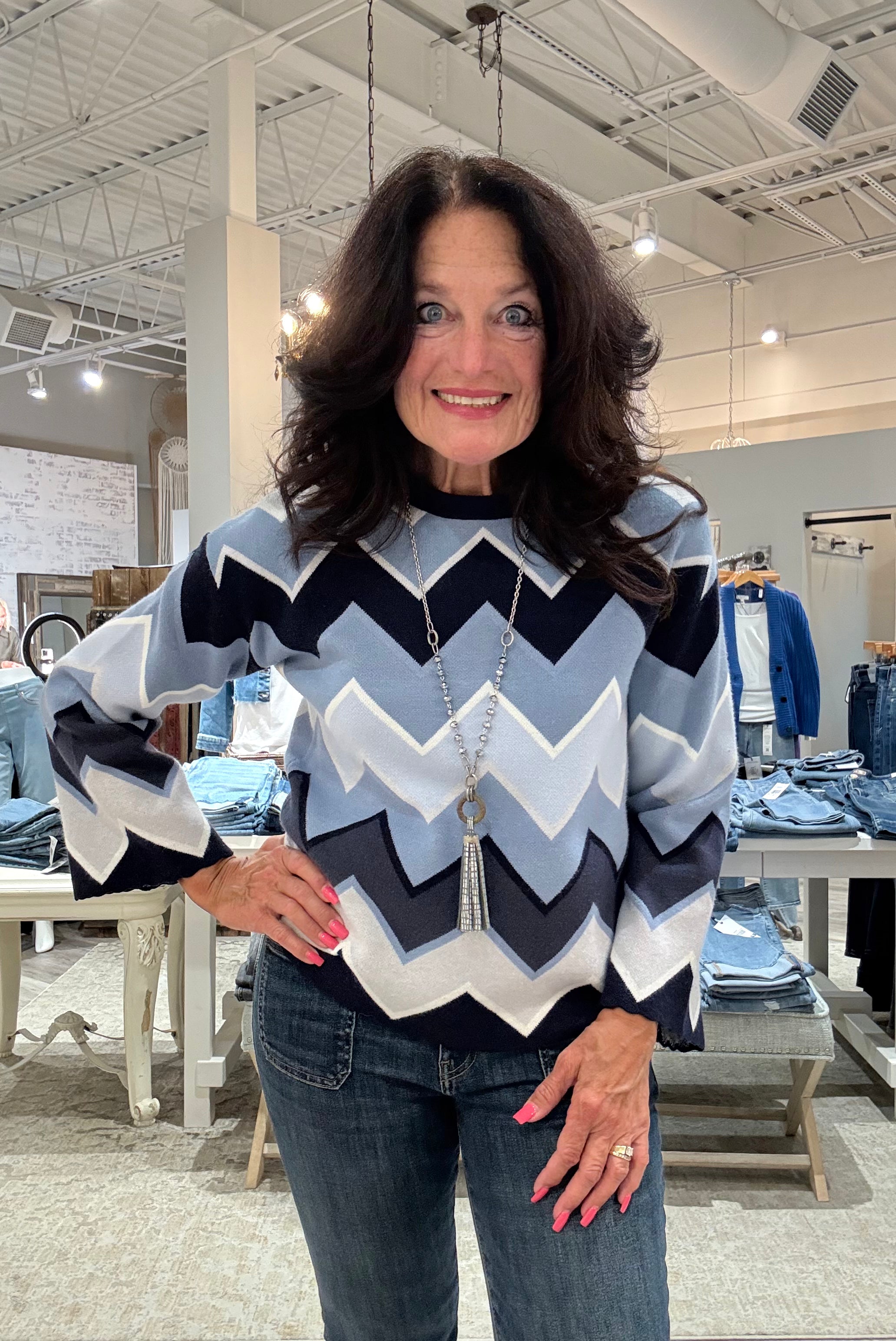 Chevron Pattern Jacquard Bell Sleeve Sweater