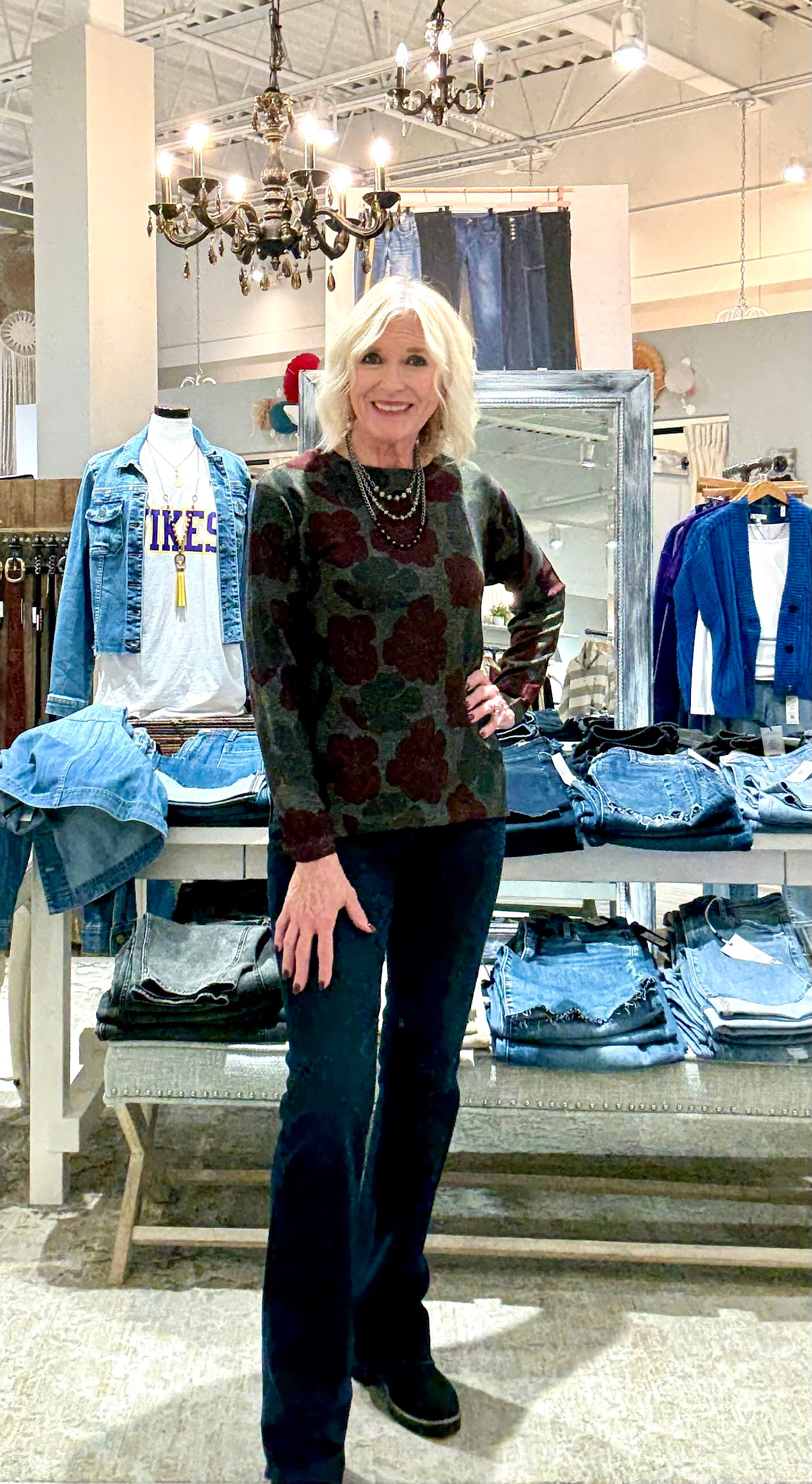 Printed Floral Long Sleeve Crew Neck Top
