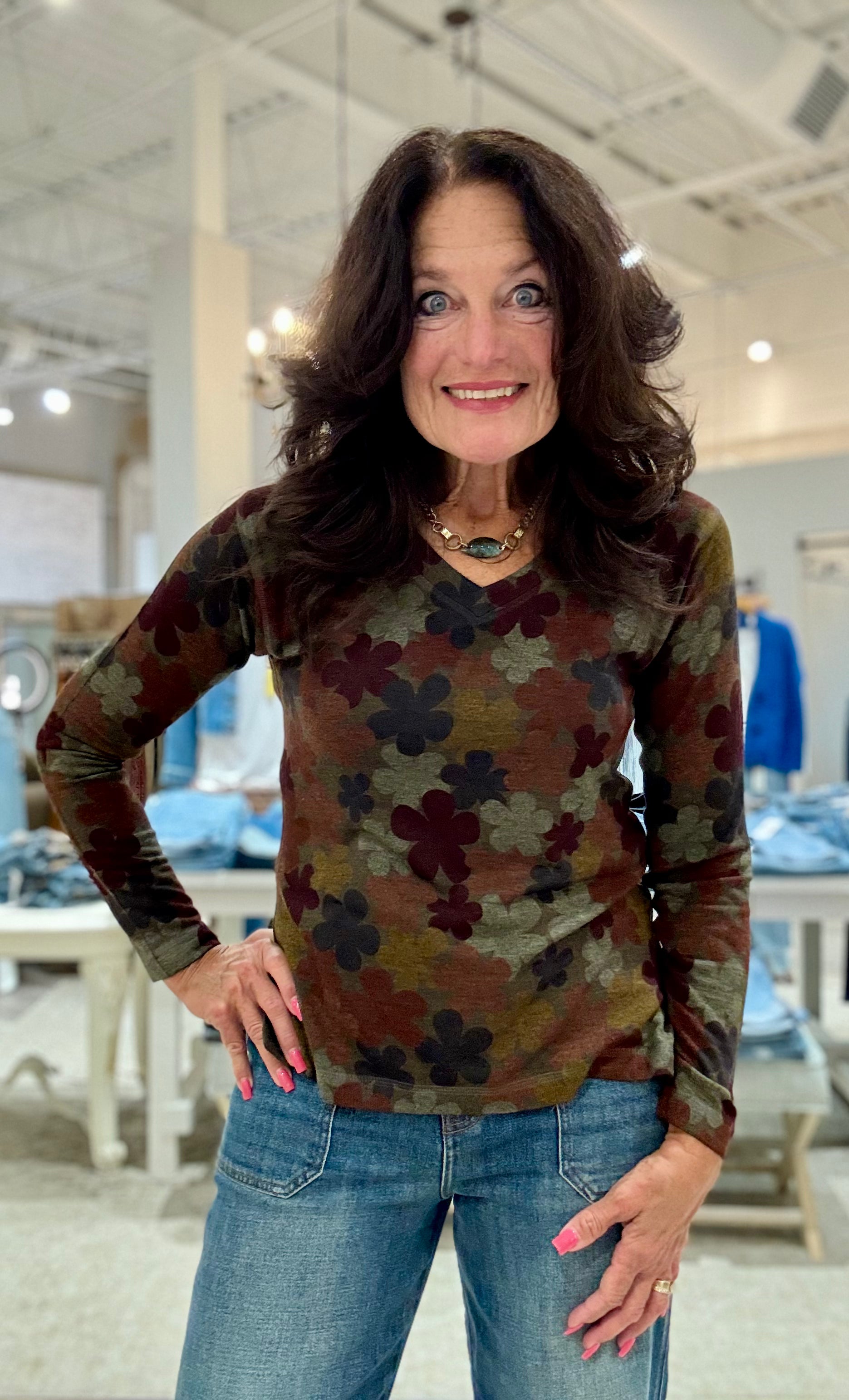Printed Floral V-Neck Hacci Long Sleeve Top