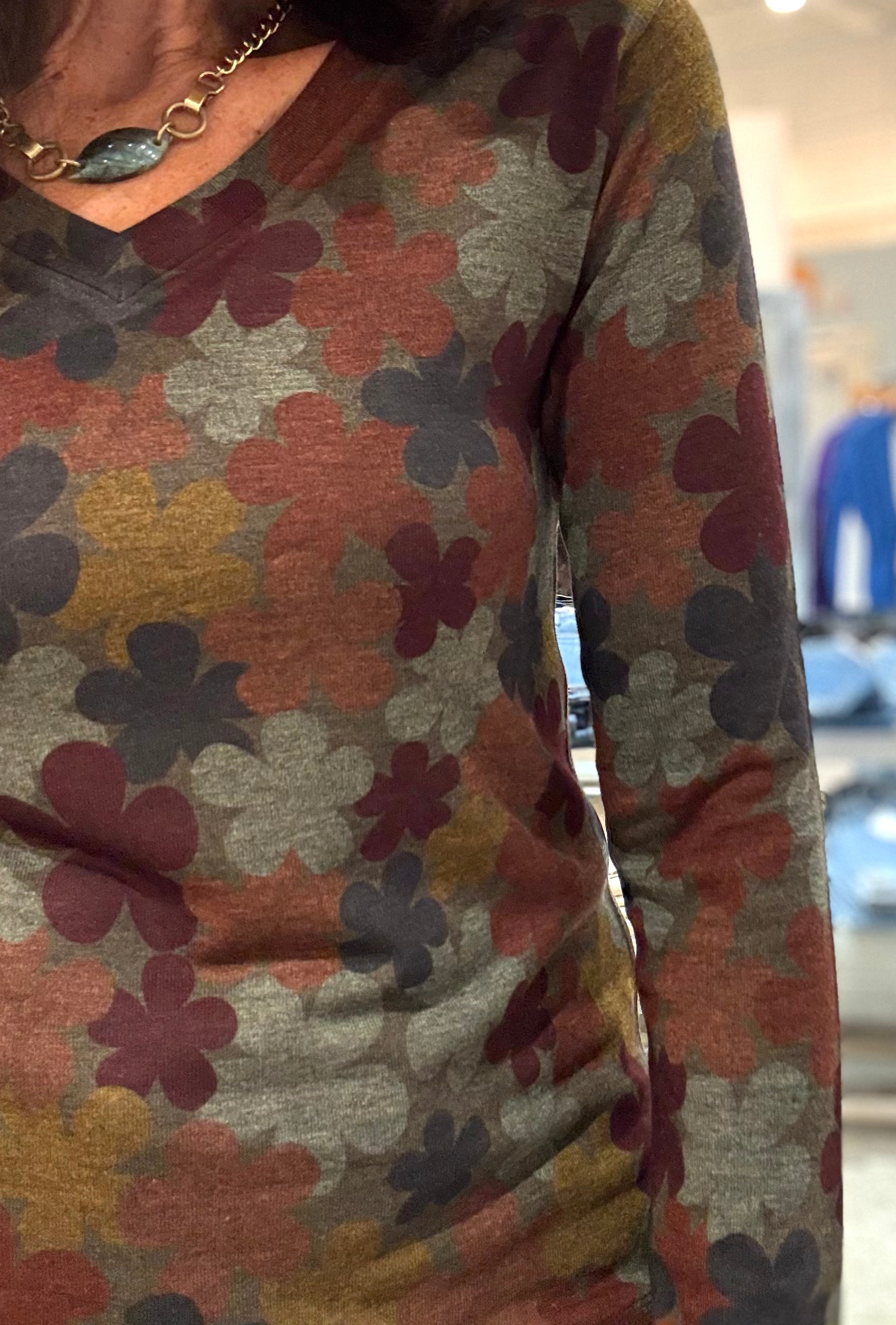 Printed Floral V-Neck Hacci Long Sleeve Top