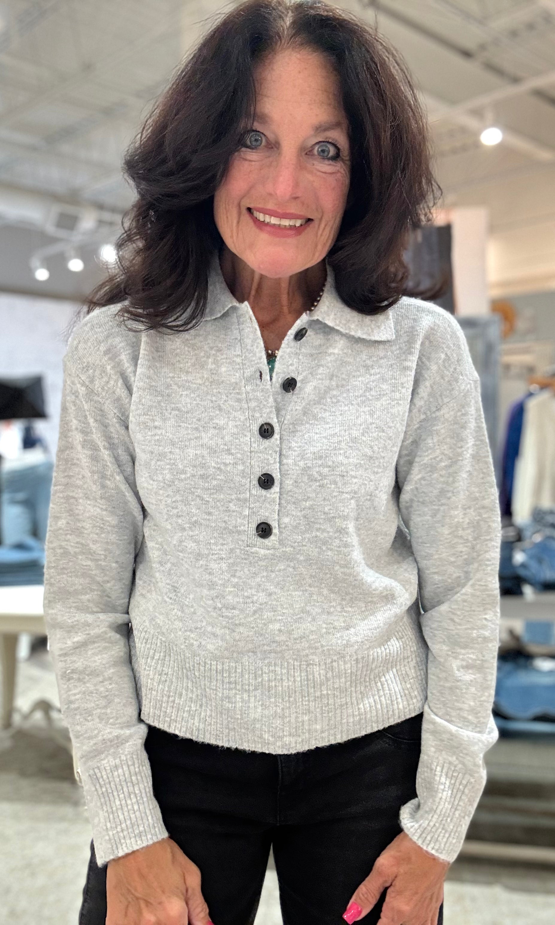 Lilia Button Front Long Sleeve Sweater- grey