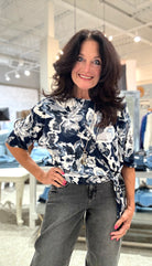 Abstract Floral Soft Knit Side Tie Top with Silver Foil