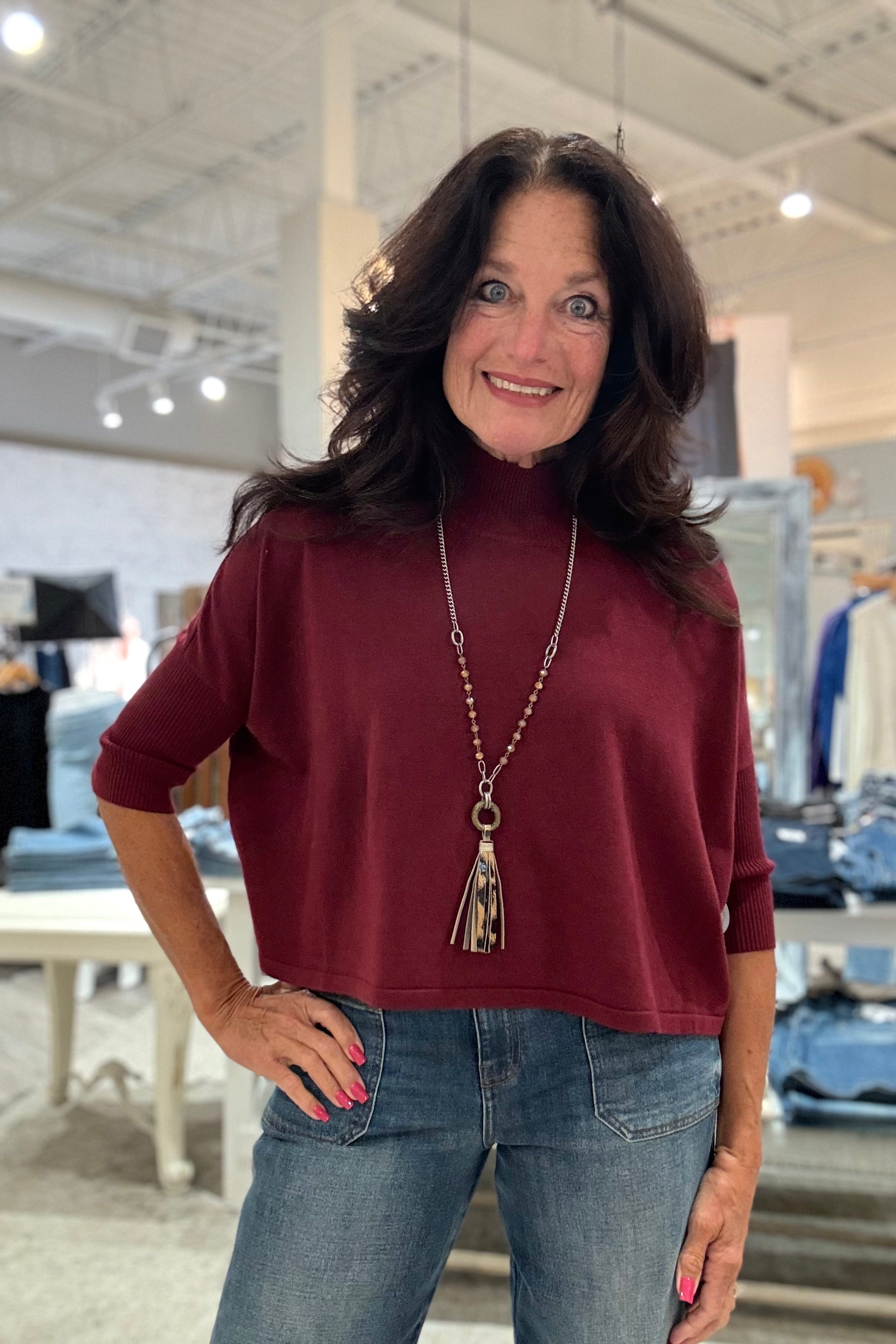 Boxy Mock Neck 3/4 Sleeve Top with Rib Hem- Bordeaux