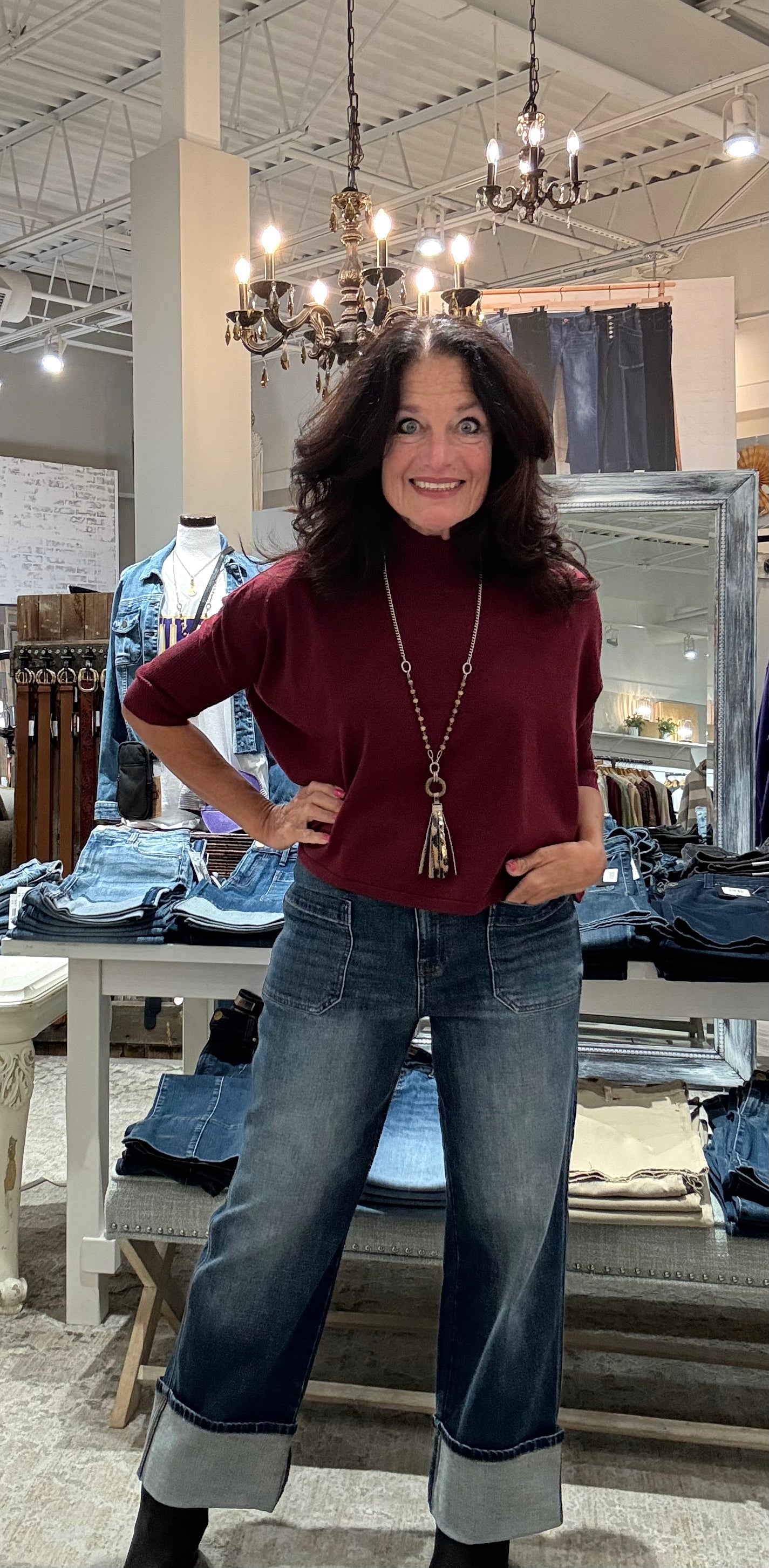 Boxy Mock Neck 3/4 Sleeve Top with Rib Hem- Bordeaux