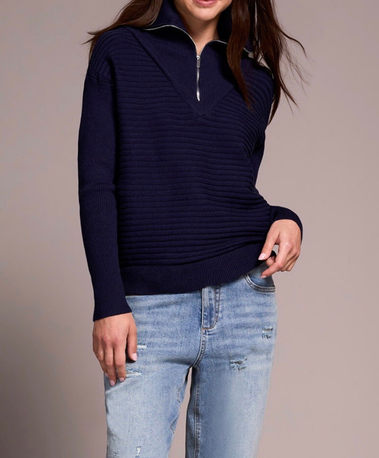 Zip Up V-Neck Sweater- nightfall