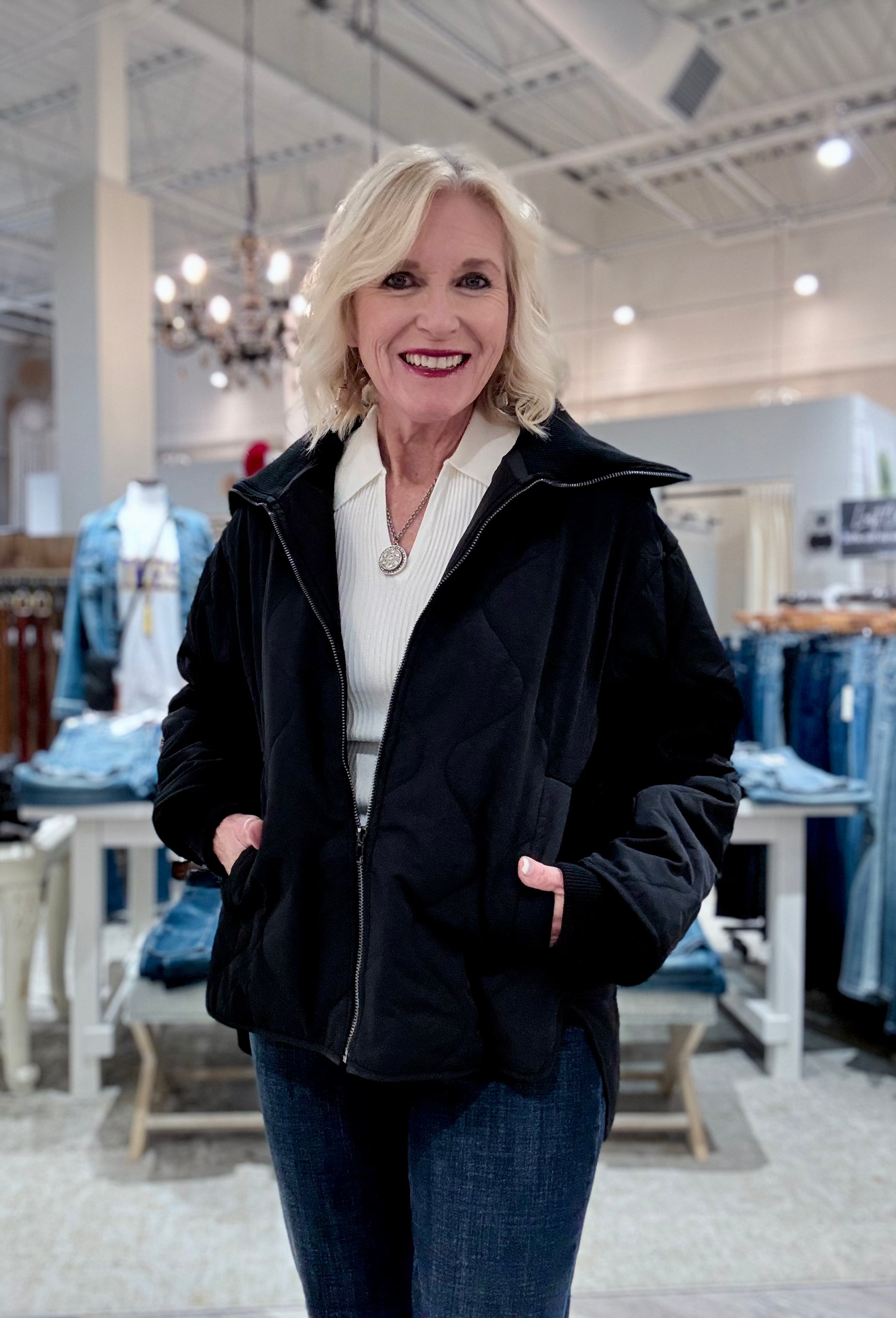 Quilted Jacket with Rib Collar and Cuff