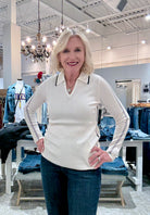 Long Sleeve V-Neck Collared Sweater with Stripe Detail