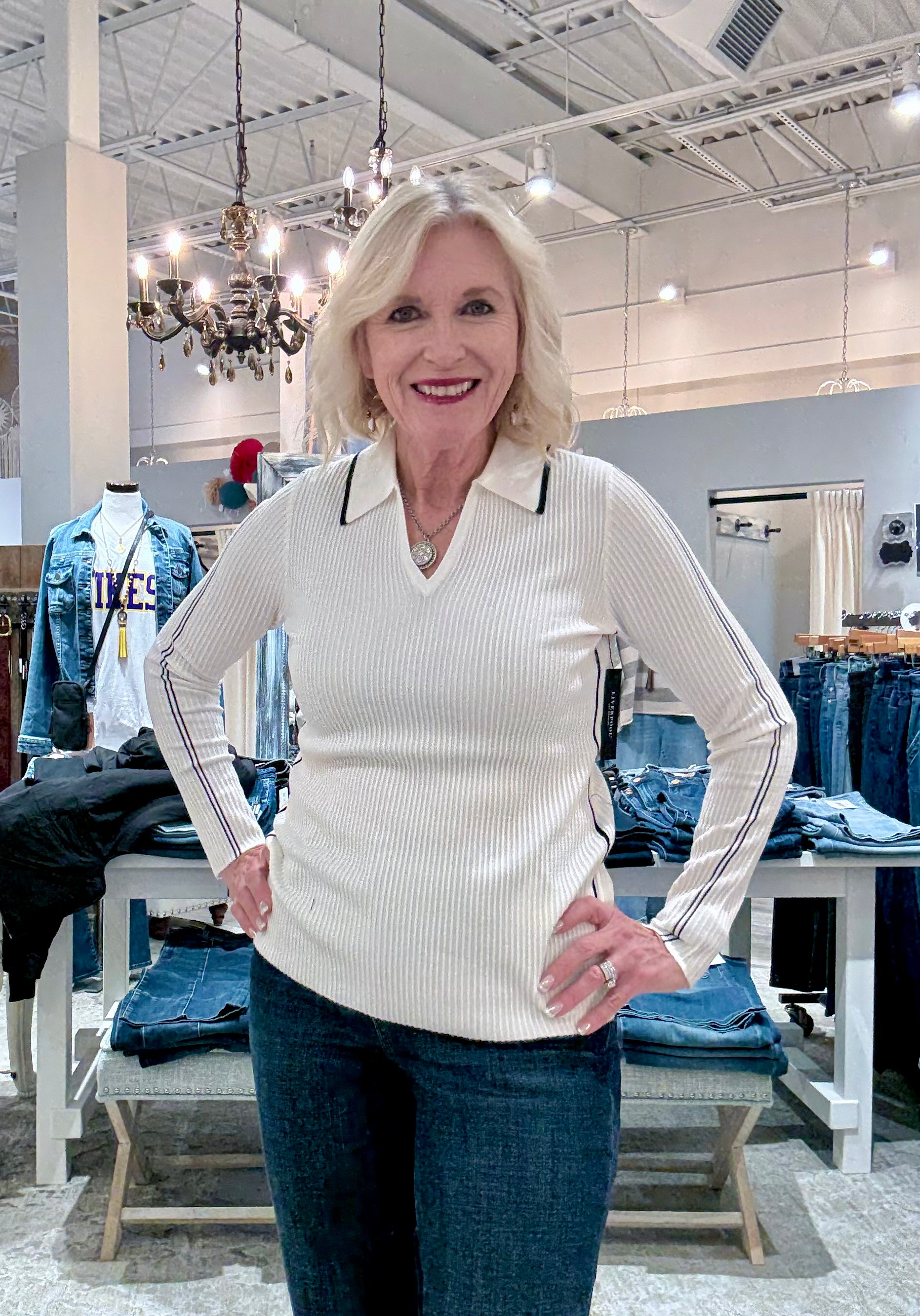 Long Sleeve V-Neck Collared Sweater with Stripe Detail