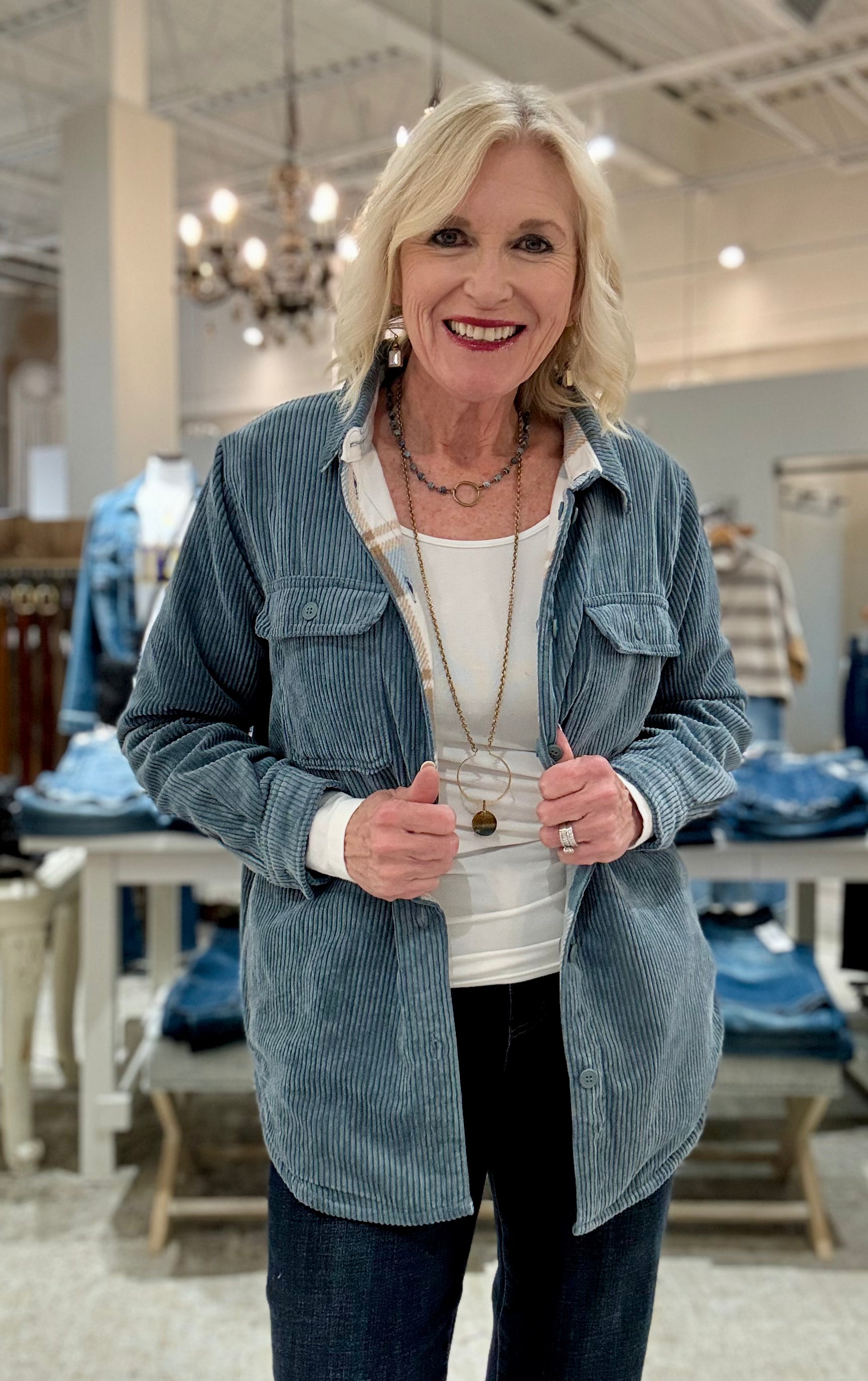 Plaid Flannel-Lined Corduroy Shacket - blue stone