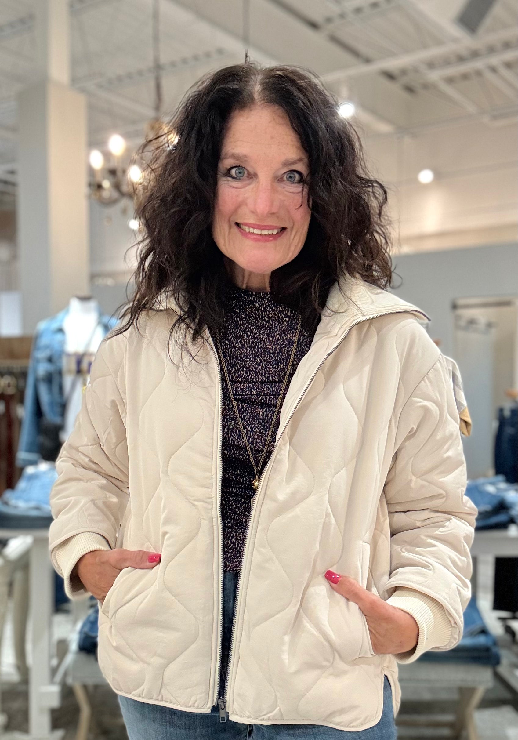 Quilted Jacket with Rib Collar and Cuff- ecru