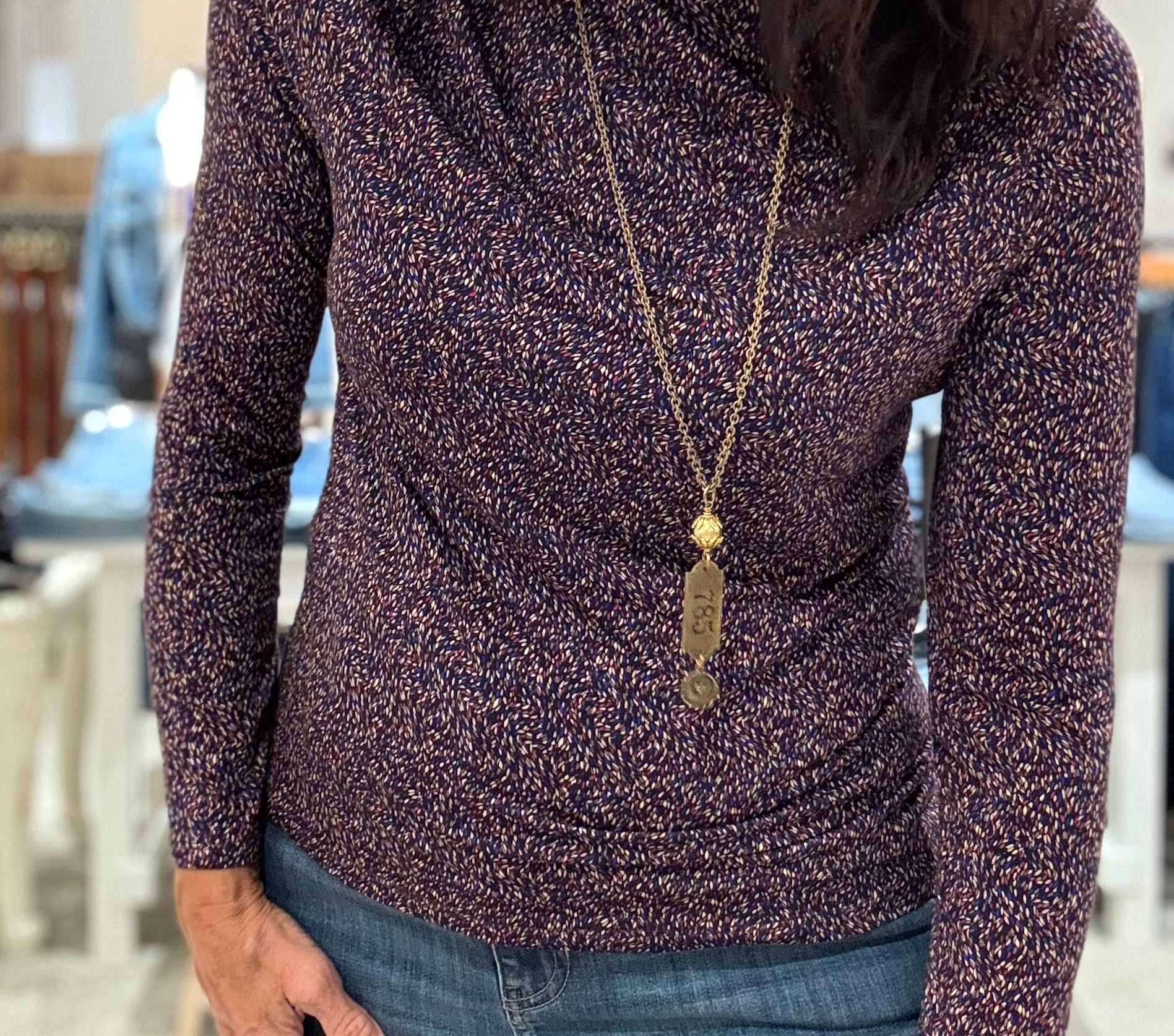 Long Sleeve Mock Neck Knit Top with Shirring