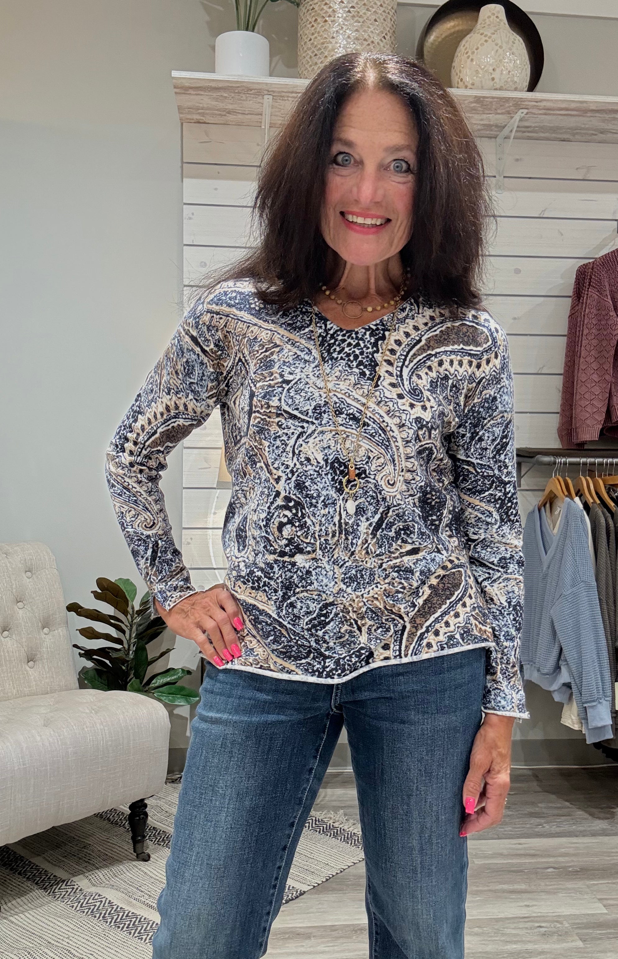 Printed Plushy Yarn V-Neck Sweater- Bohemian