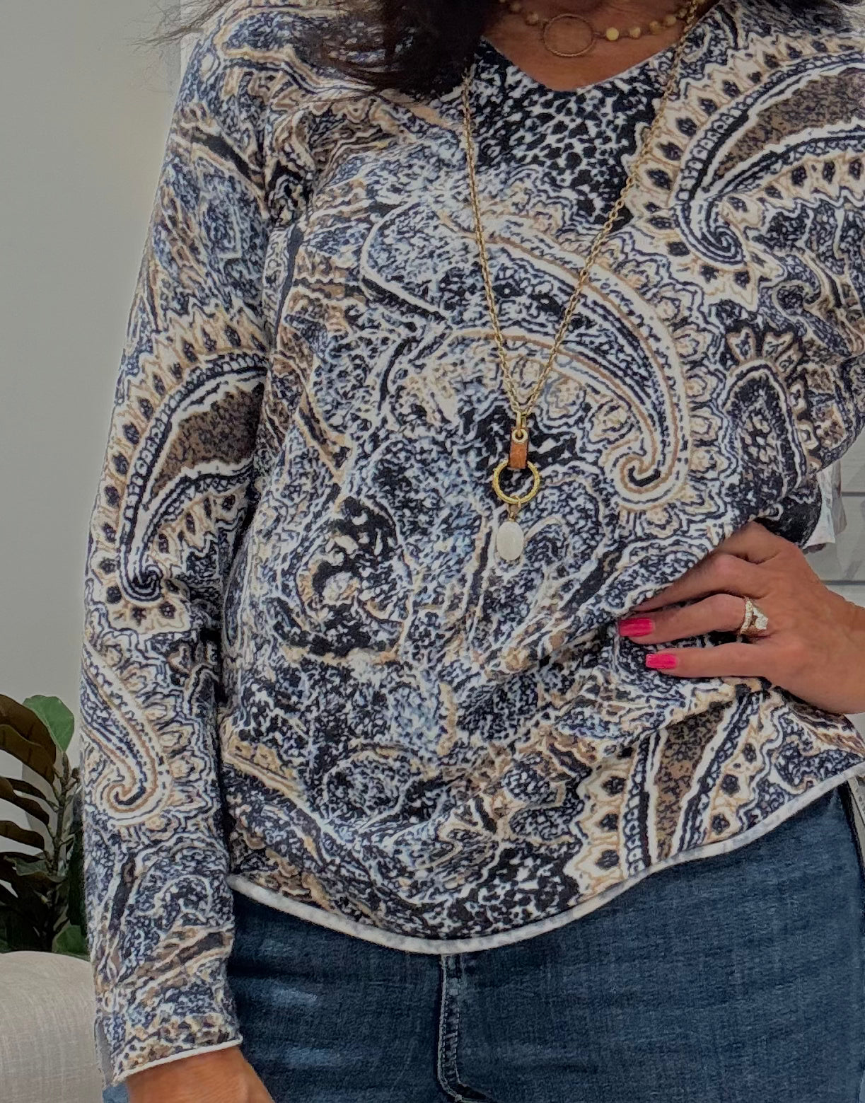 Printed Plushy Yarn V-Neck Sweater- Bohemian