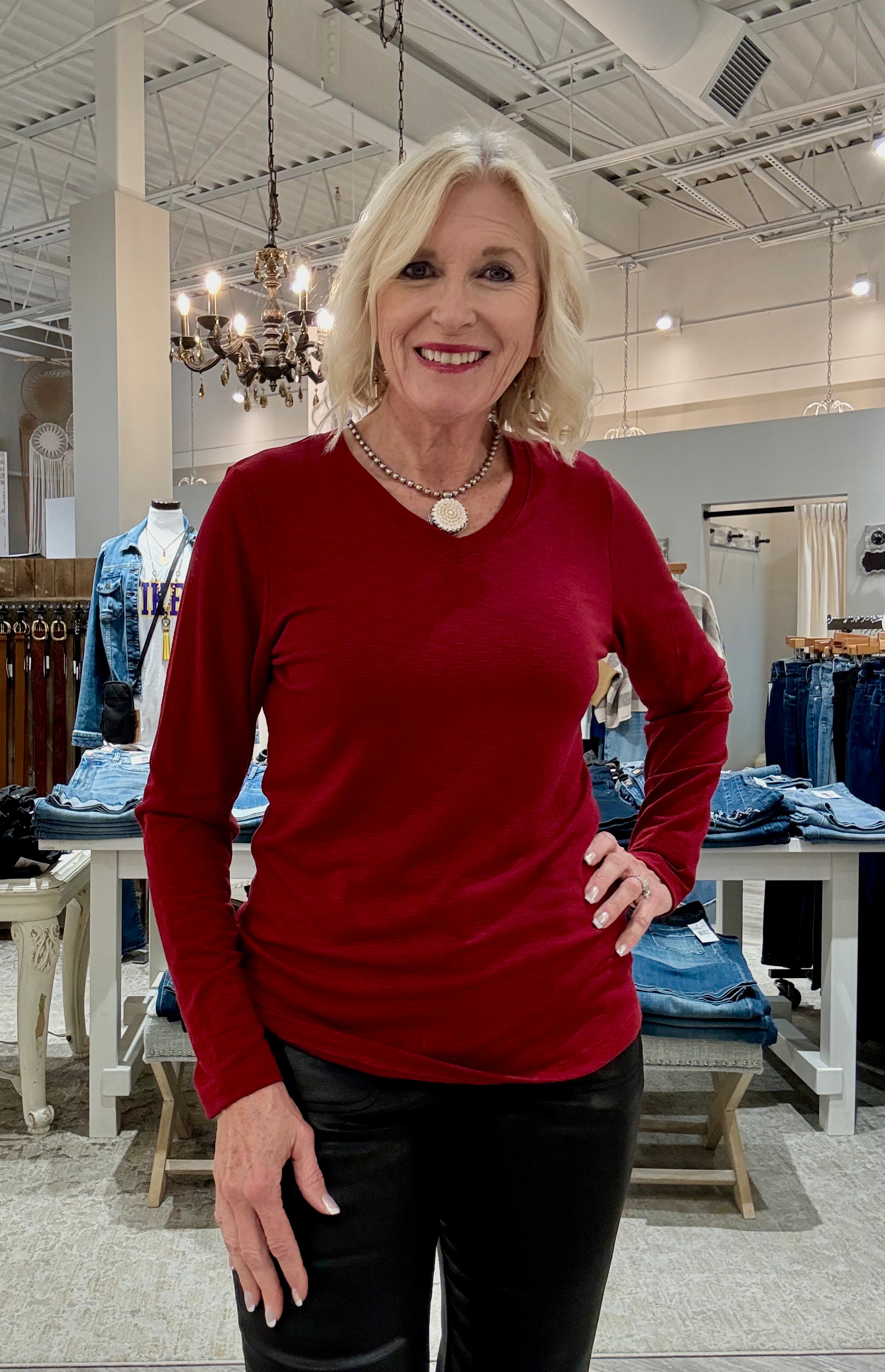 V-Neck Long Sleeve Top- Burgundy