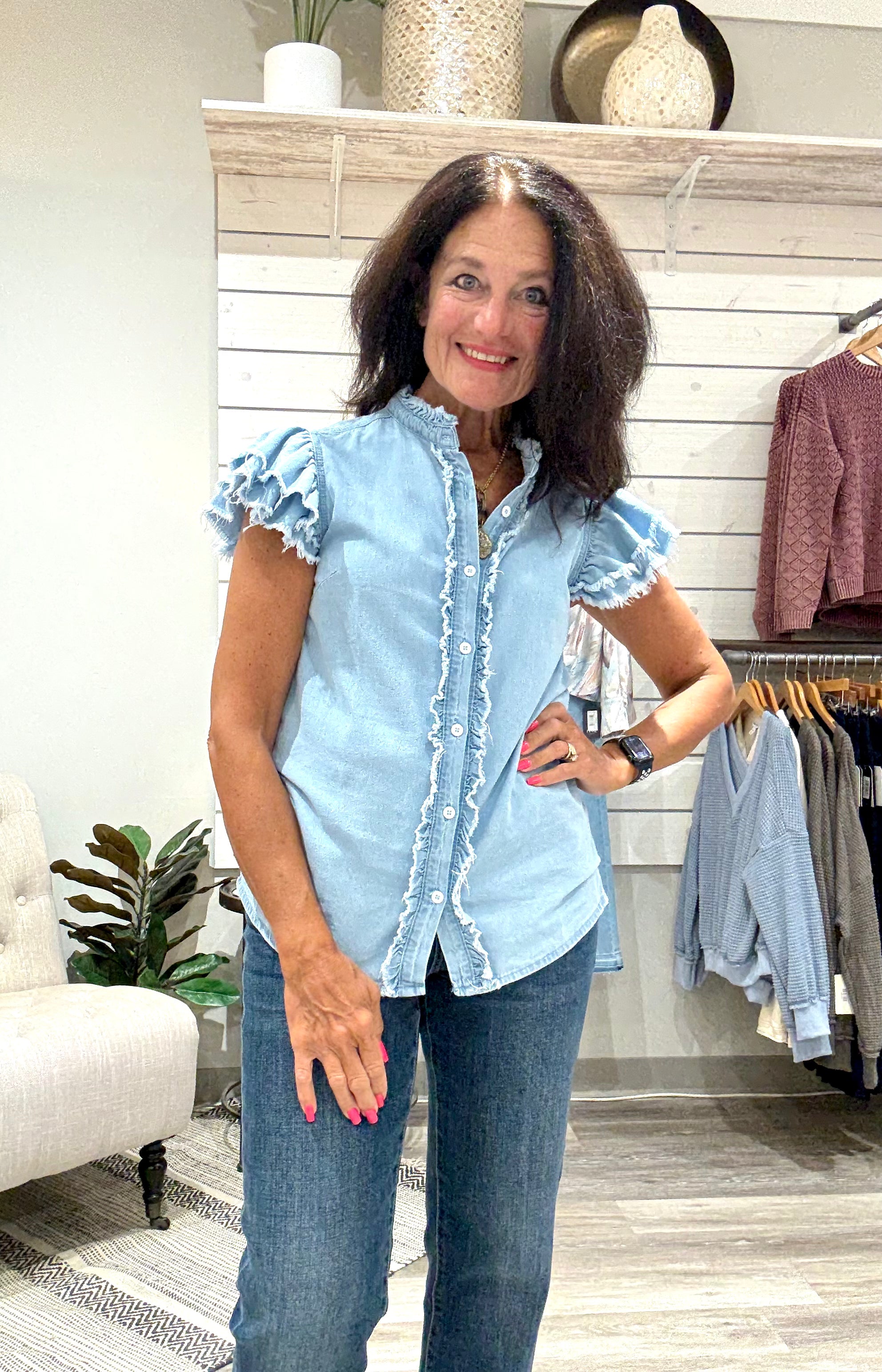 Button Front Ruffled Flutter Frayed Denim Top