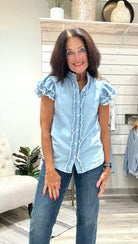 Button Front Ruffled Flutter Frayed Denim Top