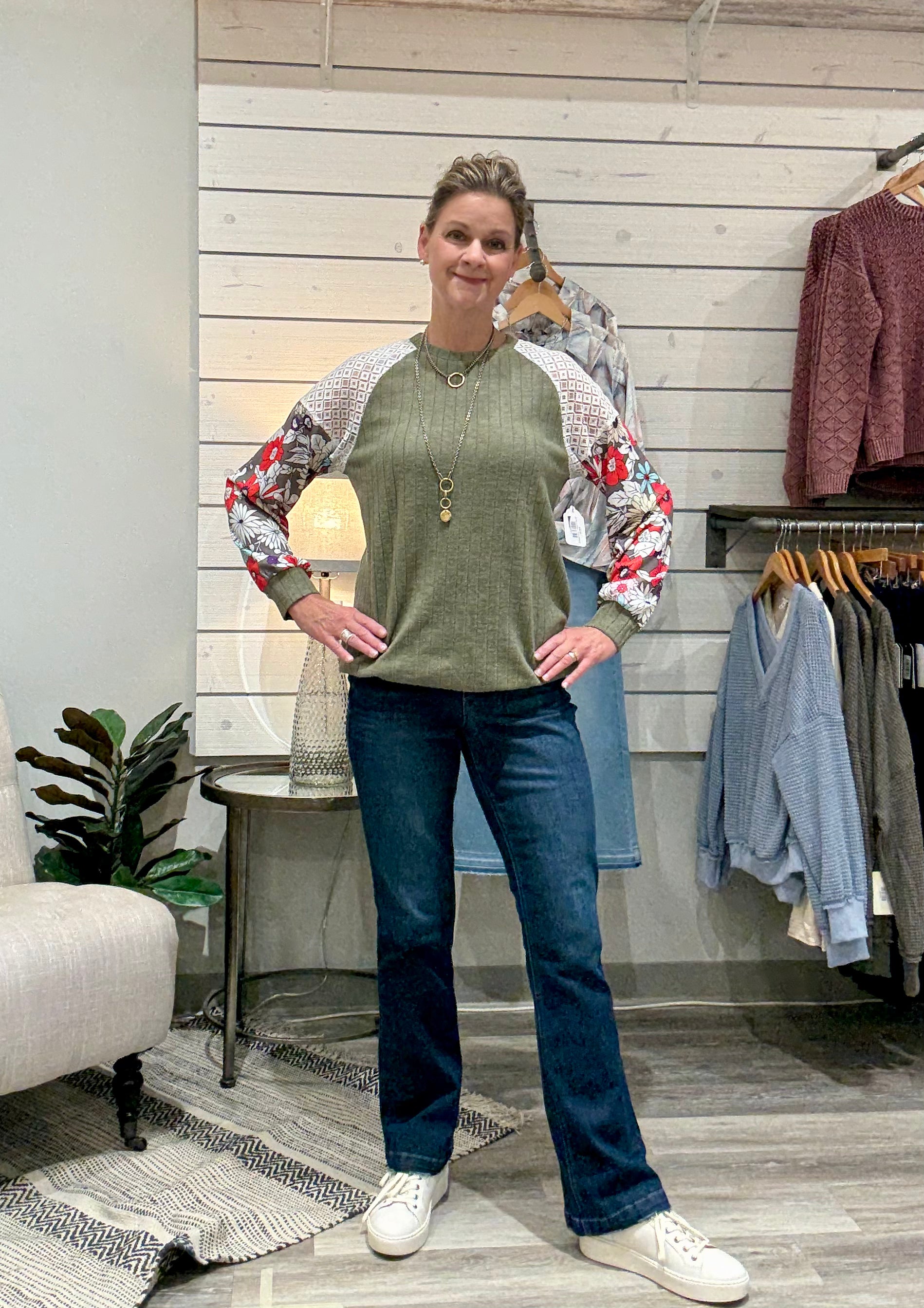 Floral Patchwork Long Sleeve Ribbed Top