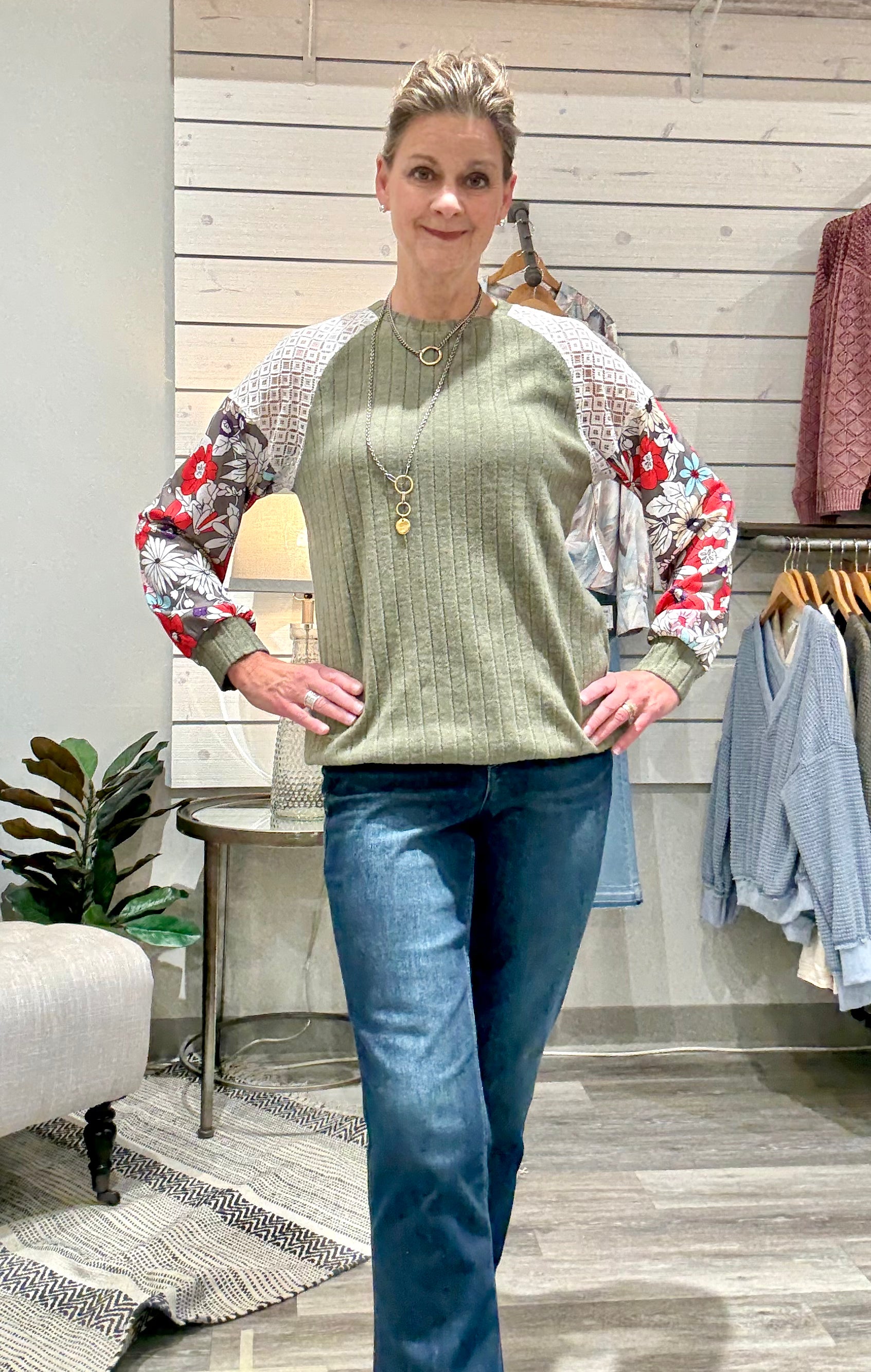 Floral Patchwork Long Sleeve Ribbed Top