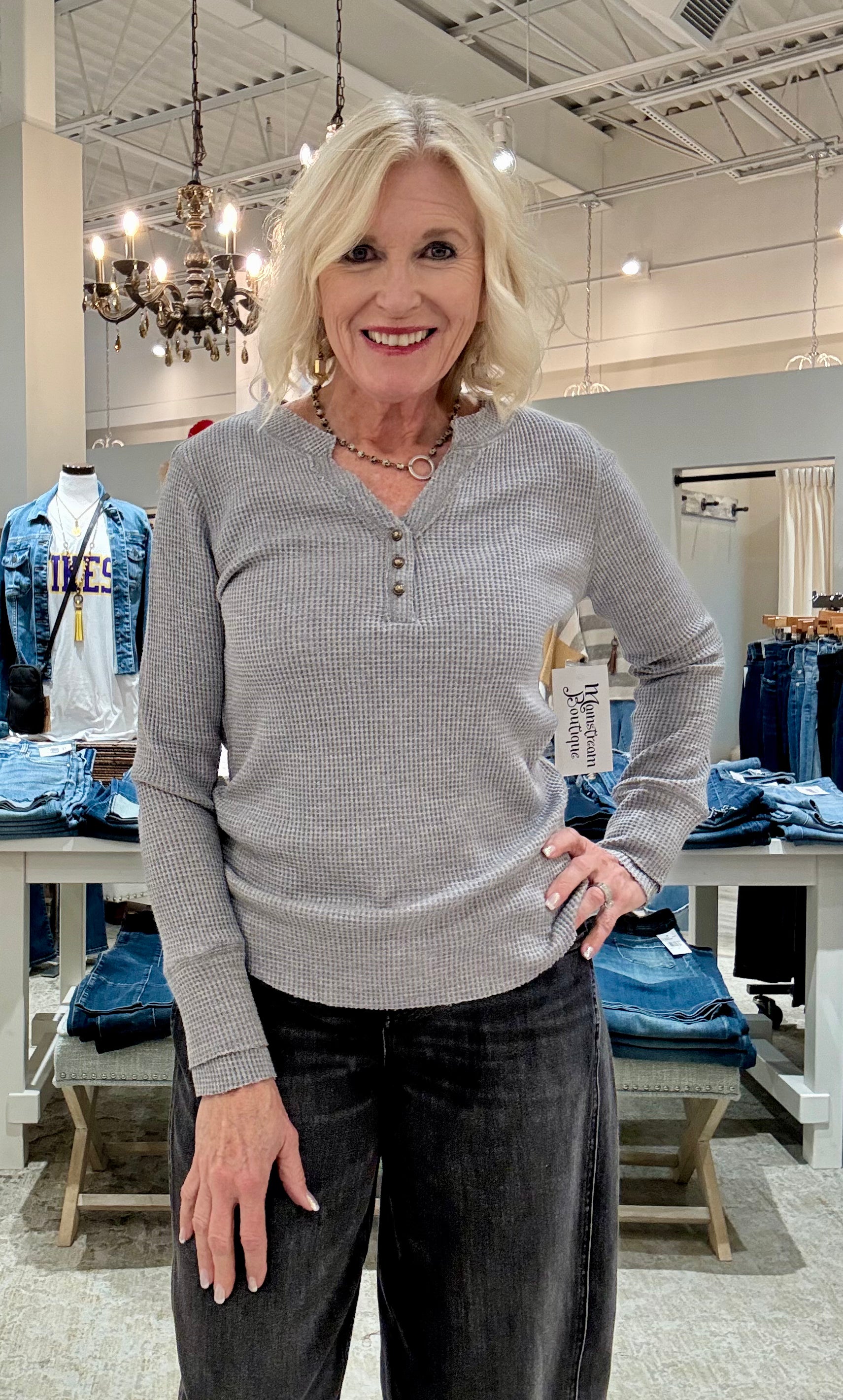 Long Sleeve Henley Top with Buttons- grey