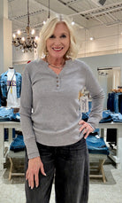 Long Sleeve Henley Top with Buttons- grey