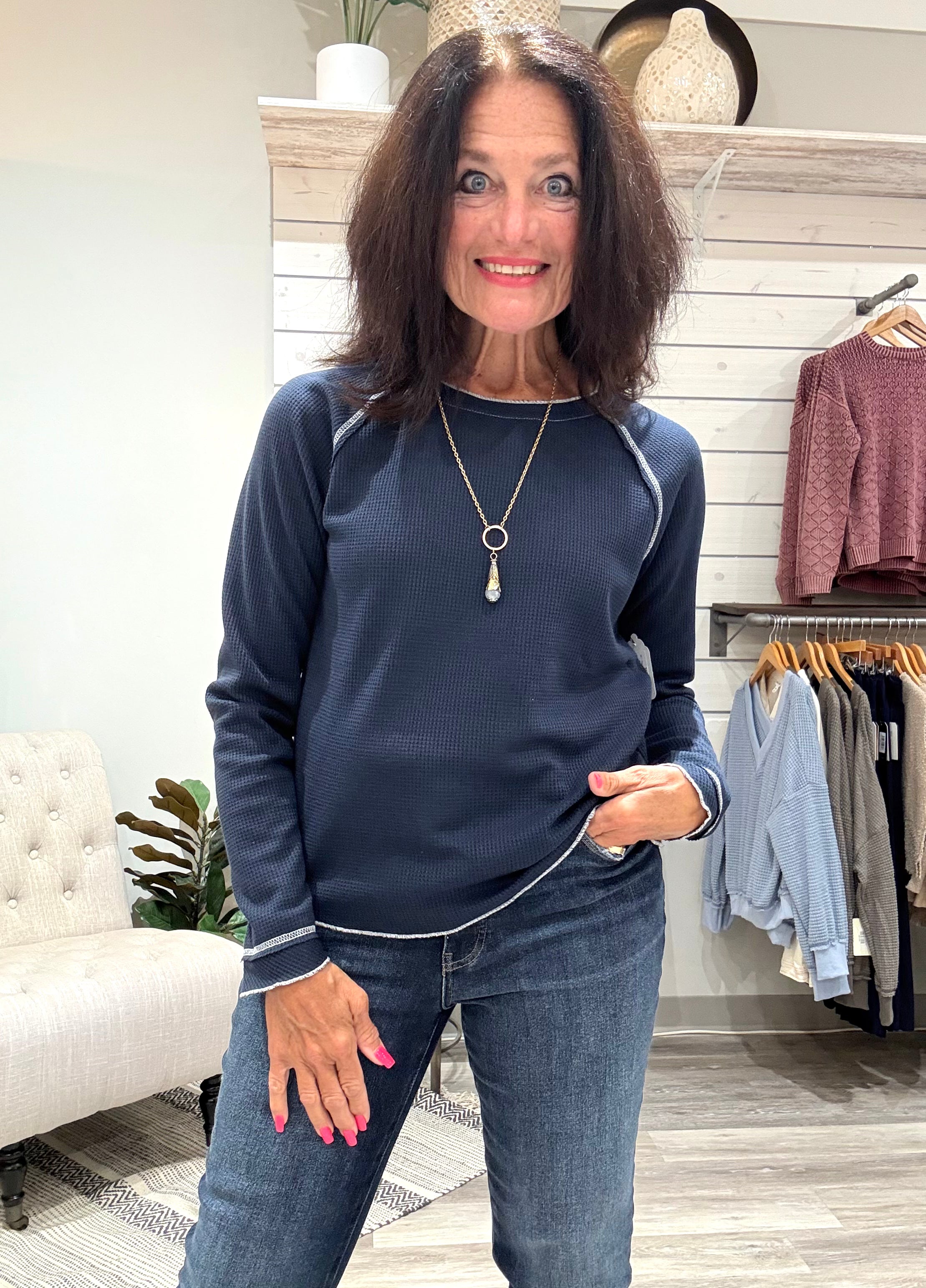 Textured Round Neck Long Sleeve Top- Navy