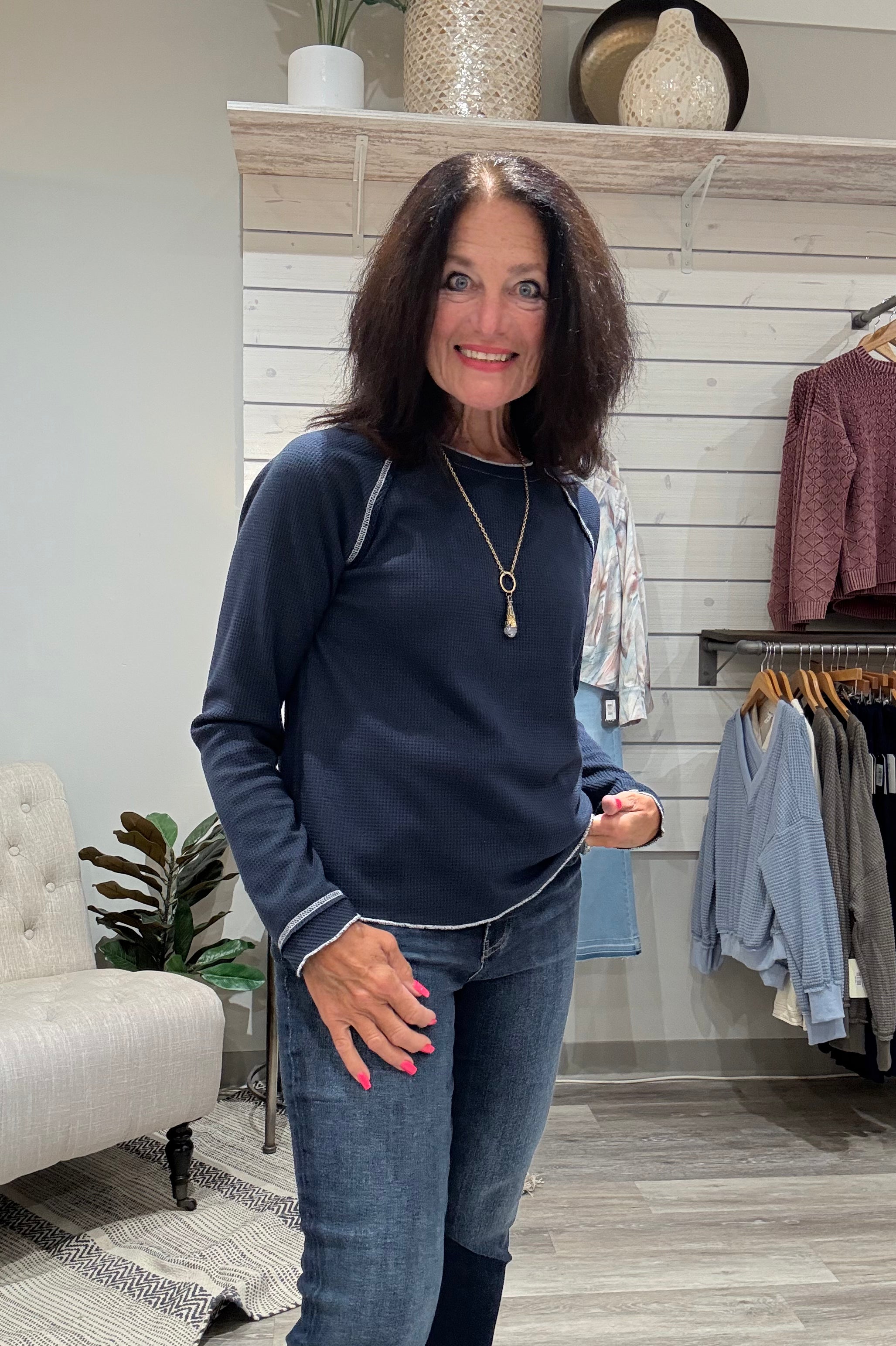 Textured Round Neck Long Sleeve Top- Navy