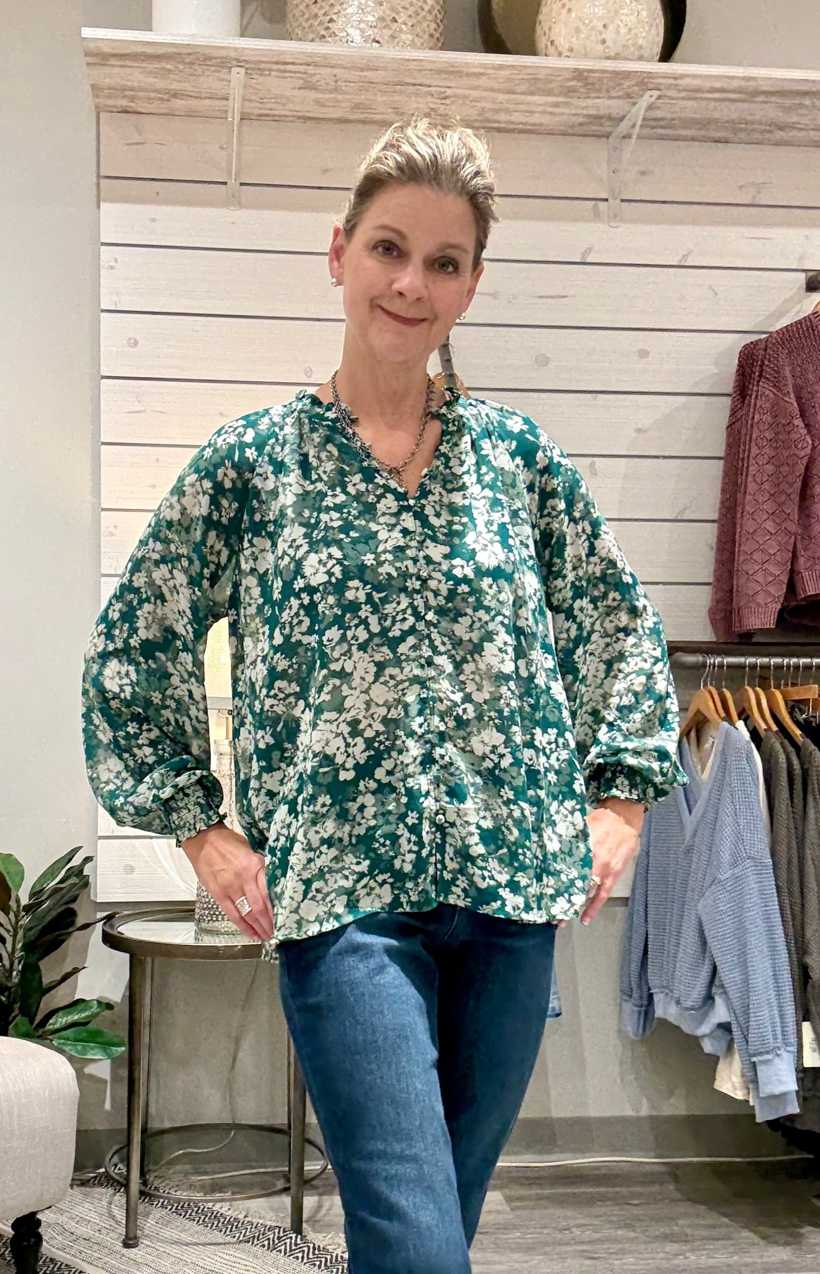 Blurred Floral Raglan Open Neck Blouse