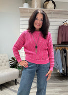 Crew Neck Sweater with Open Weave-cherry