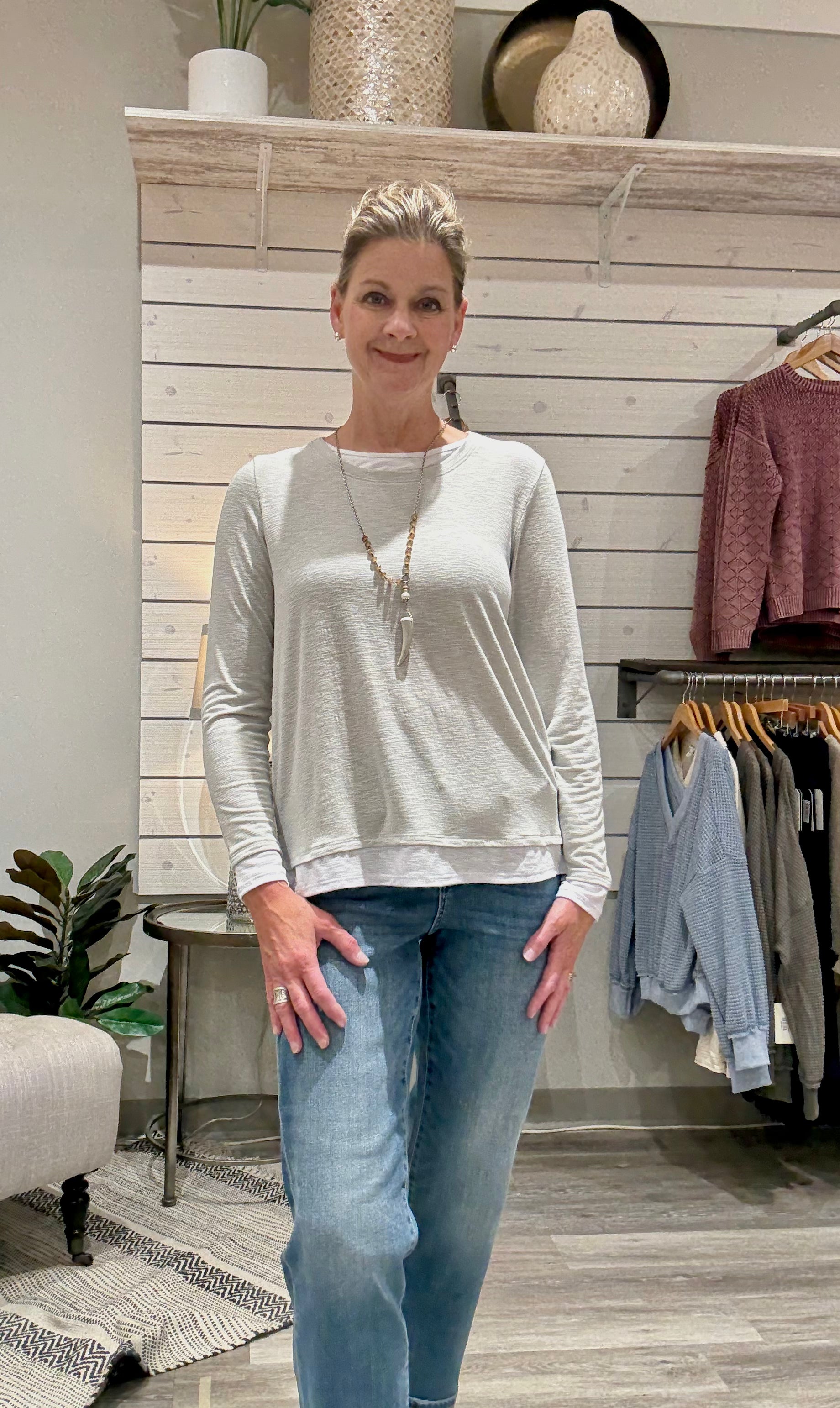 Long Sleeve Crew Neck Top with White Contrast- stone